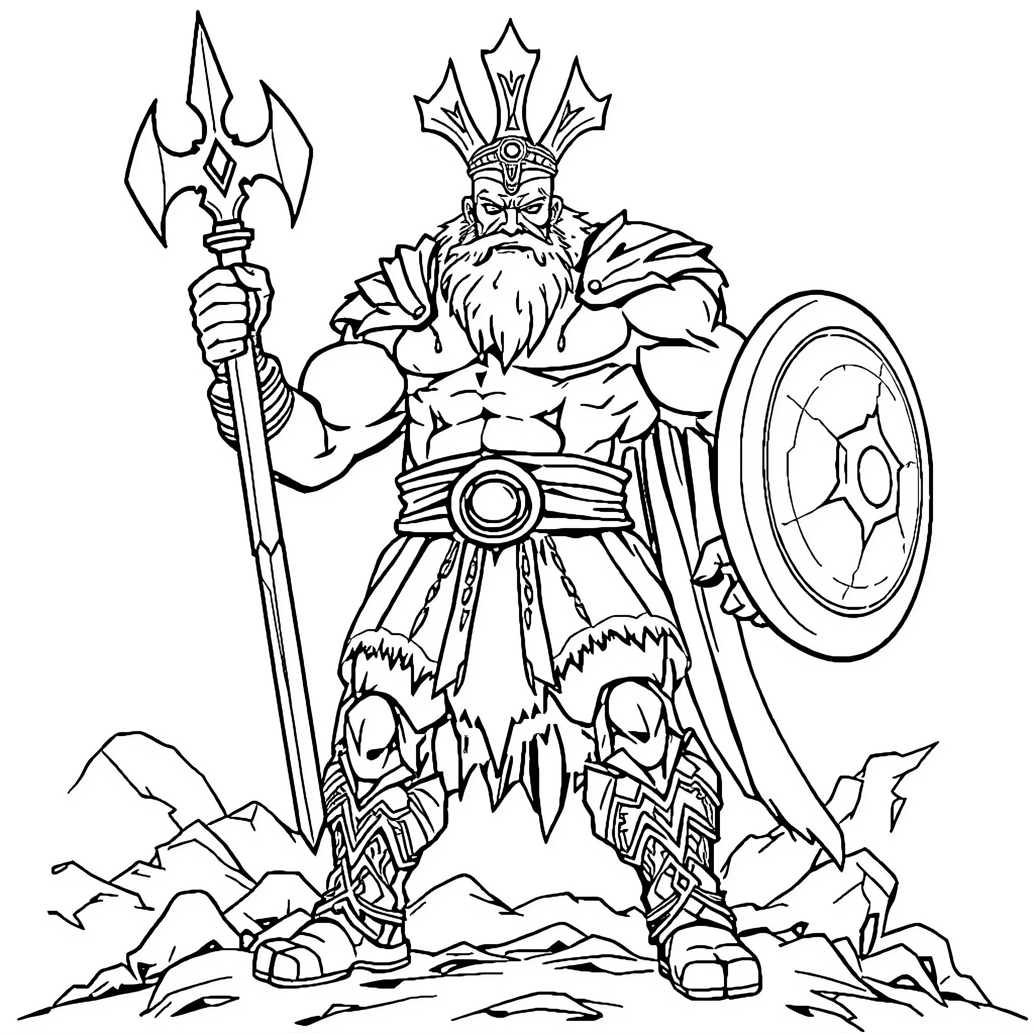 God of War Wielding Trident and Shield in Rugged Terrain Coloring Page (free black-and-white line drawing printable PDF for all, from beginners to advanced learners, including children, teens, adults, and seniors)