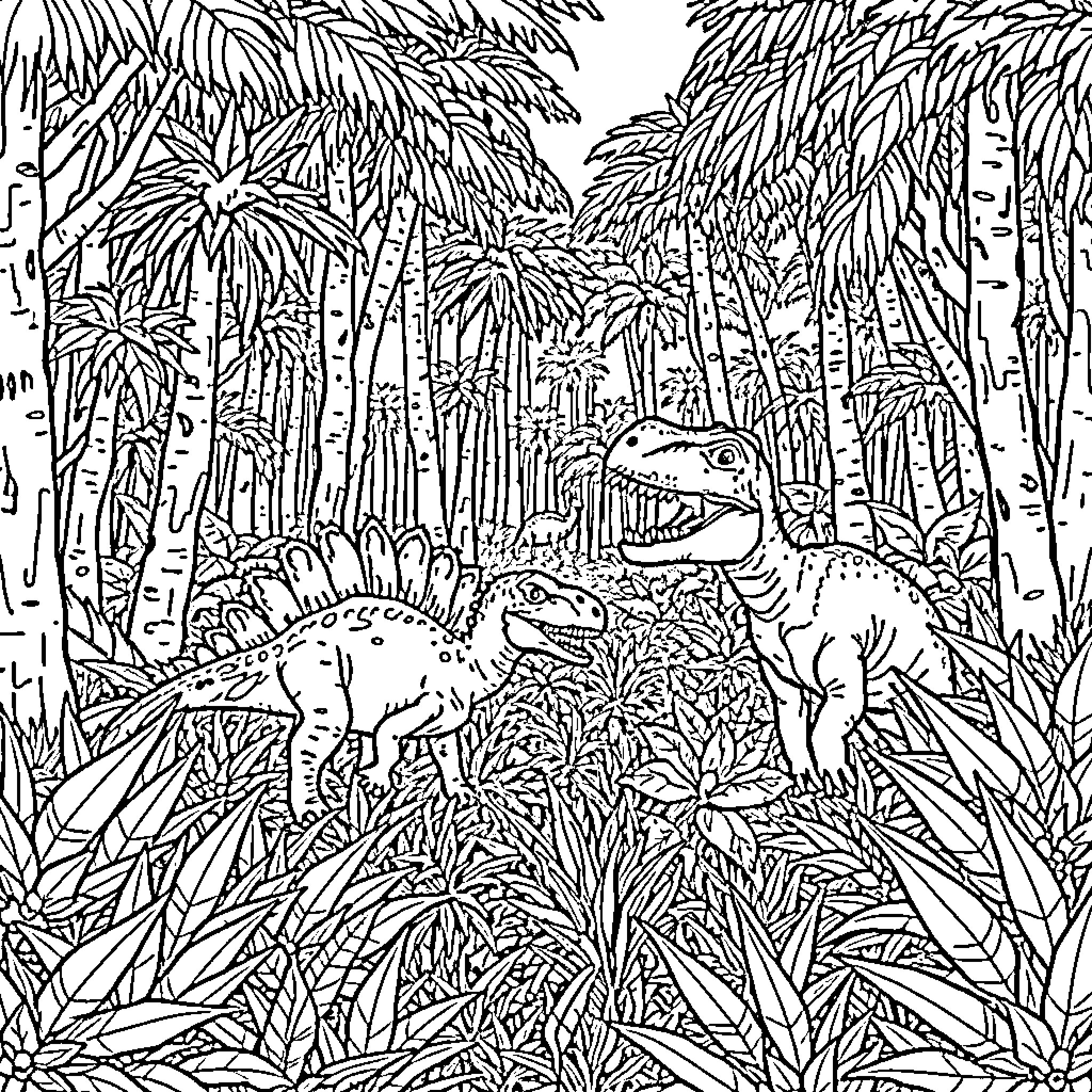 Dinosaurs roaming through the lush jungle landscape Coloring Page (free black-and-white line drawing printable PDF for all, from beginners to advanced learners, including children, teens, adults, and seniors)
