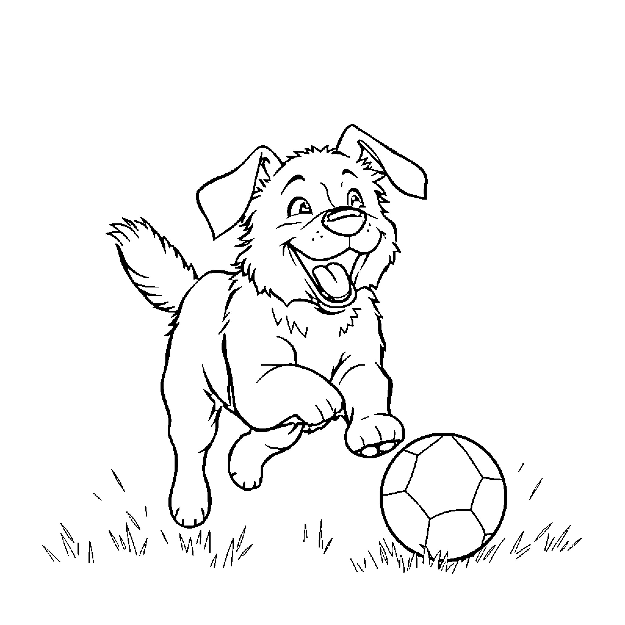 Dog Playing Happily with Soccer Ball Coloring Page (free black-and-white line drawing printable PDF for all, from beginners to advanced learners, including children, teens, adults, and seniors)