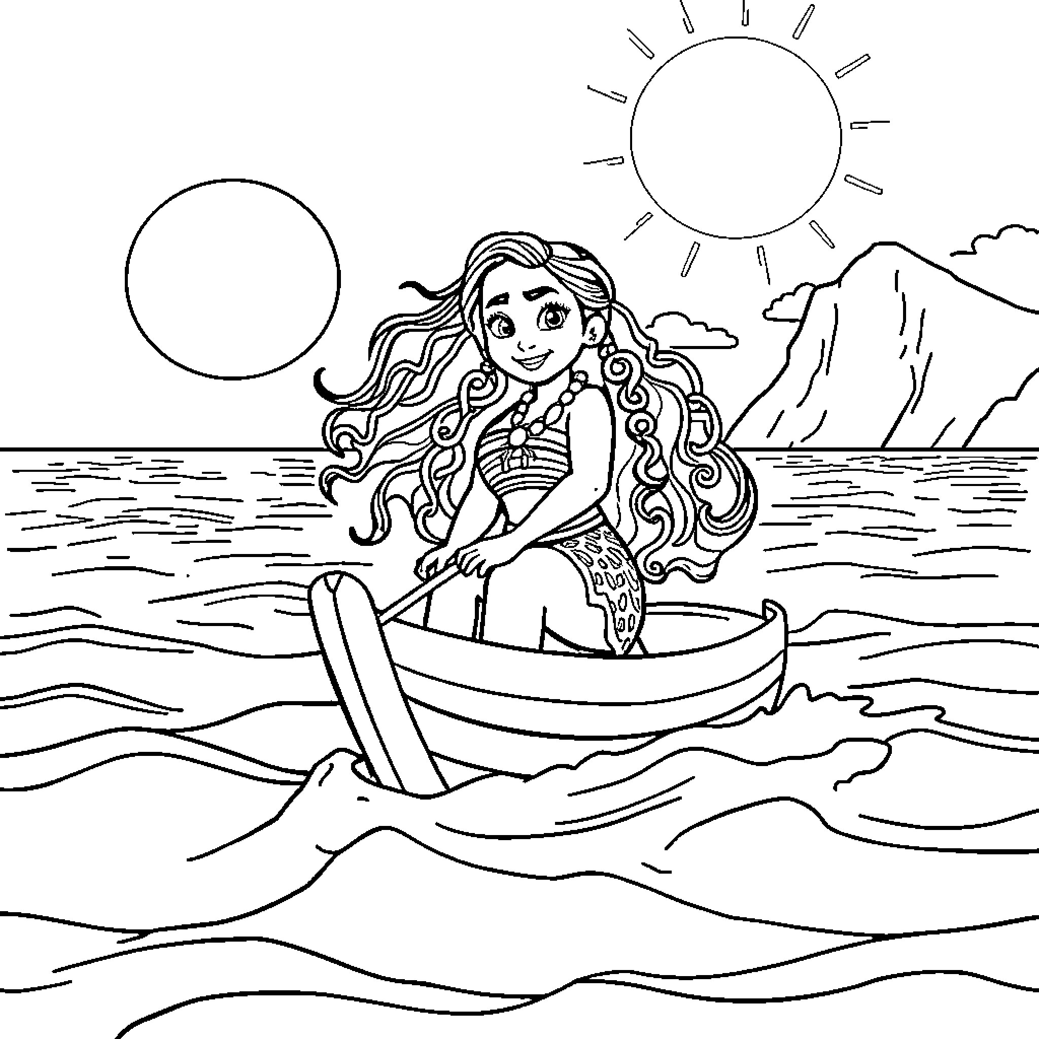 Moana sailing on the ocean with sea creatures Coloring Page (free black-and-white line drawing printable PDF for all, from beginners to advanced learners, including children, teens, adults, and seniors)