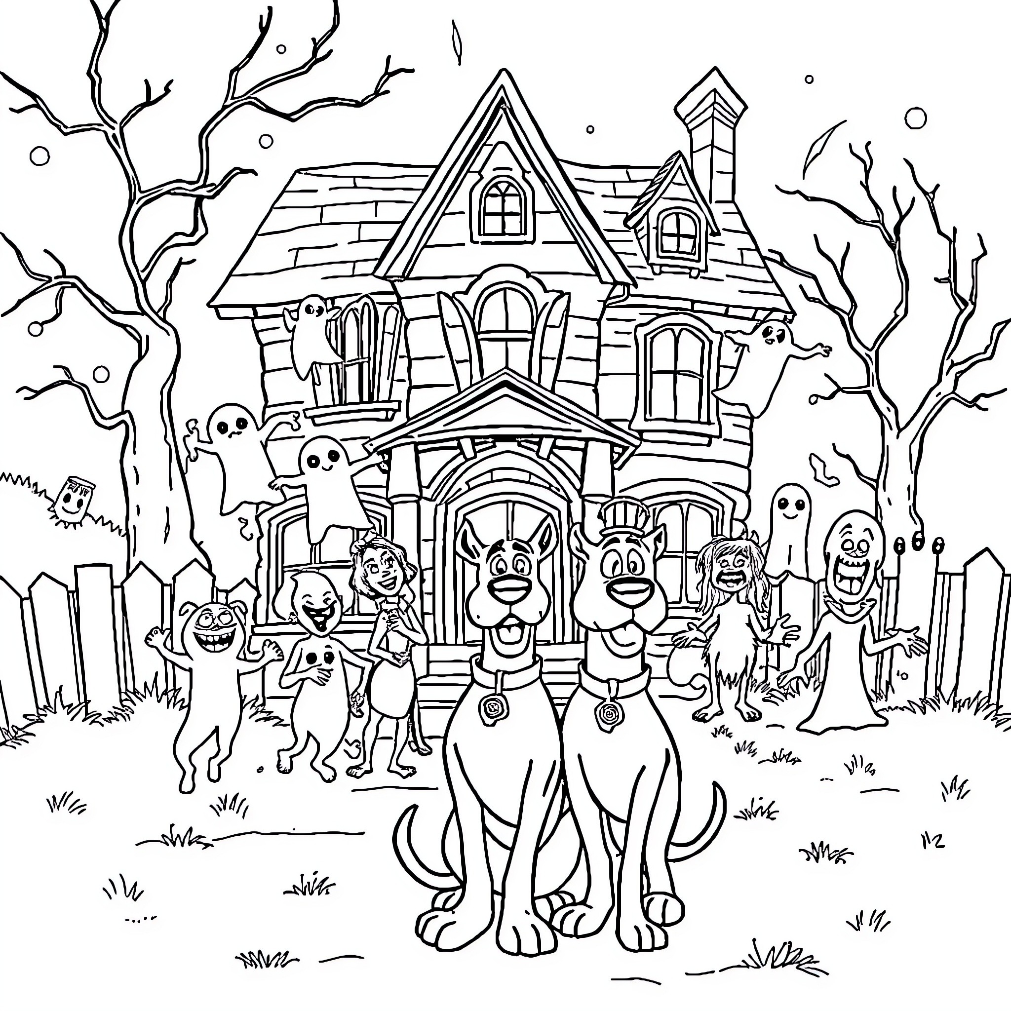 Scooby Doo and friends at a haunted house Coloring Page (free black-and-white line drawing printable PDF for all, from beginners to advanced learners, including children, teens, adults, and seniors)