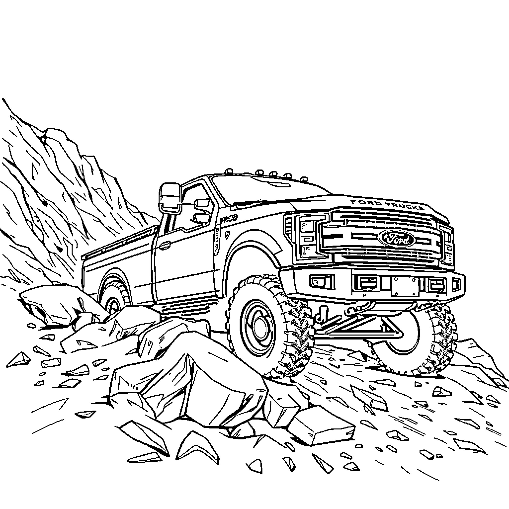 Truck traversing rugged terrain Coloring Page (free black-and-white line drawing printable PDF for all, from beginners to advanced learners, including children, teens, adults, and seniors)