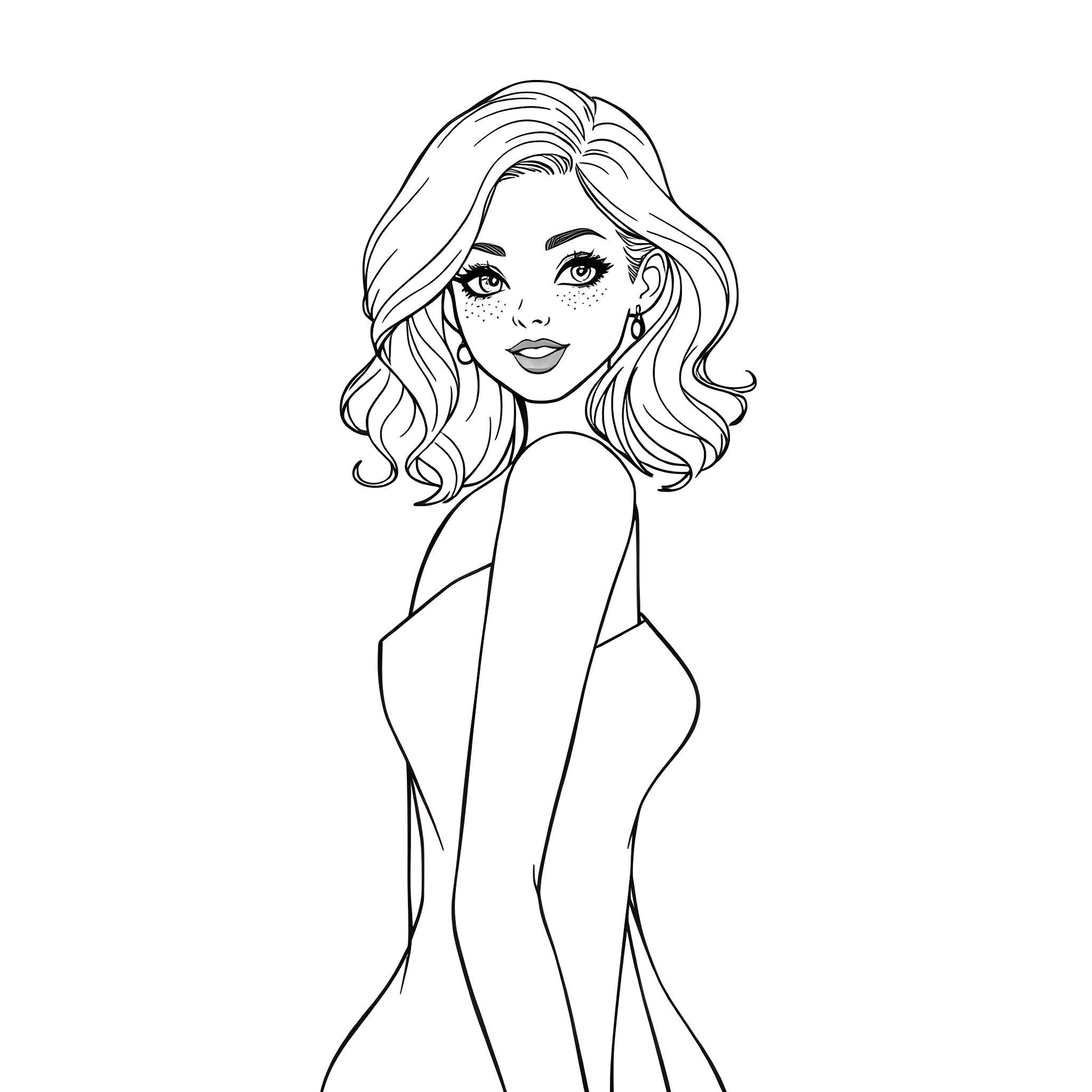 Woman in elegant dress posing confidently Coloring Page (free black-and-white line drawing printable PDF for all, from beginners to advanced learners, including children, teens, adults, and seniors)