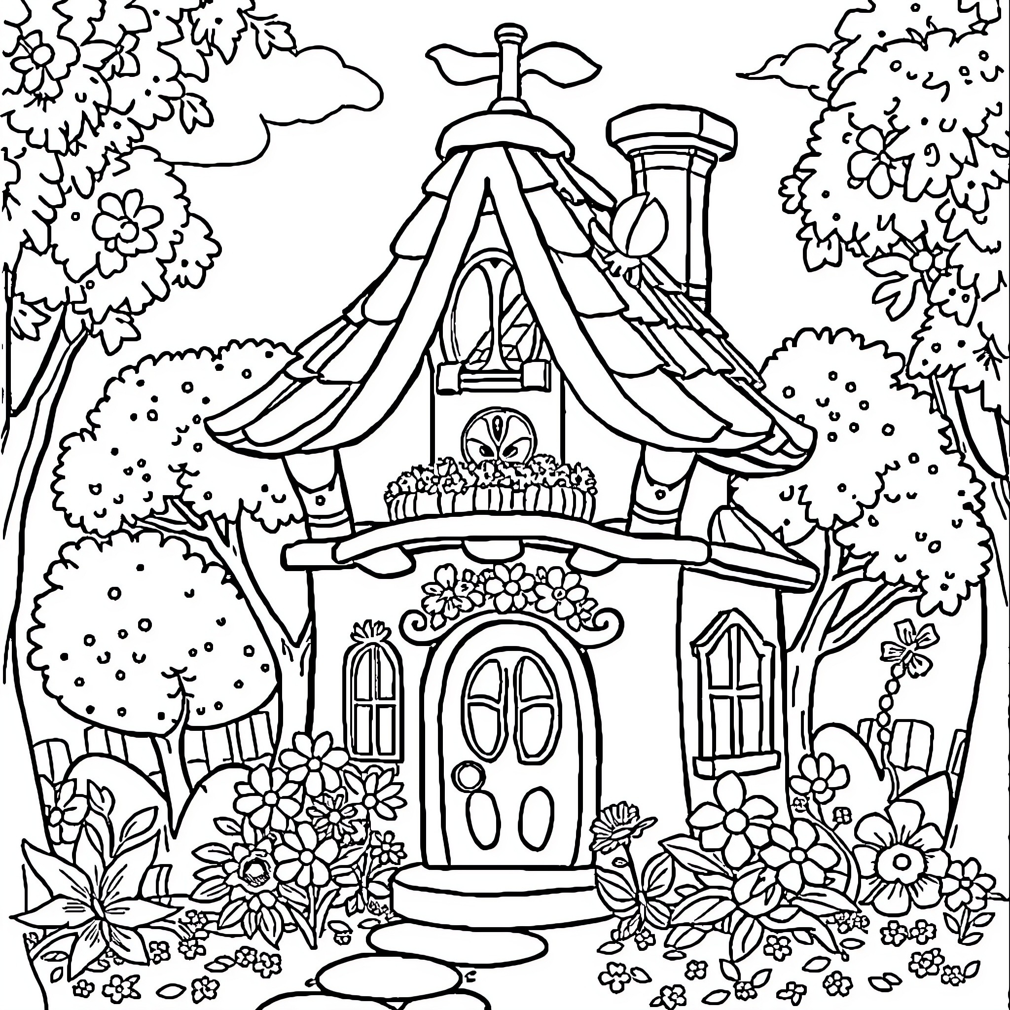 Mickey Mouse's Whimsical Cottage in a Floral Wonderland Coloring Page (free black-and-white line drawing printable PDF for all, from beginners to advanced learners, including children, teens, adults, and seniors)