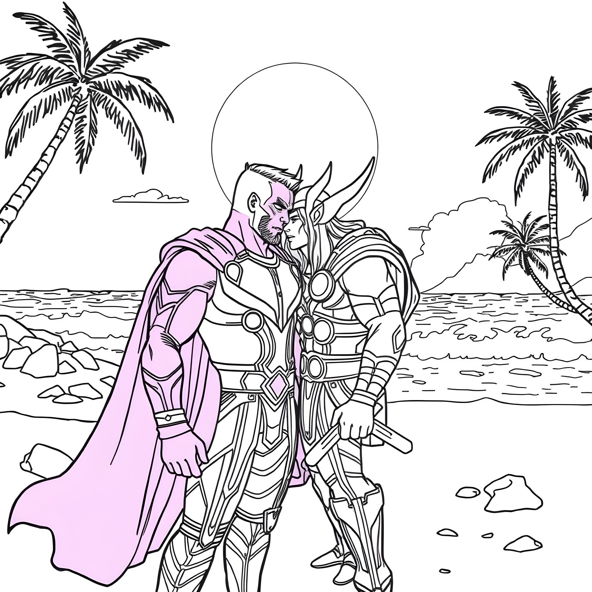 Starlord's Galactic Adventure on a Tropical Planet Coloring Page (free black-and-white line drawing printable PDF for all, from beginners to advanced learners, including children, teens, adults, and seniors)