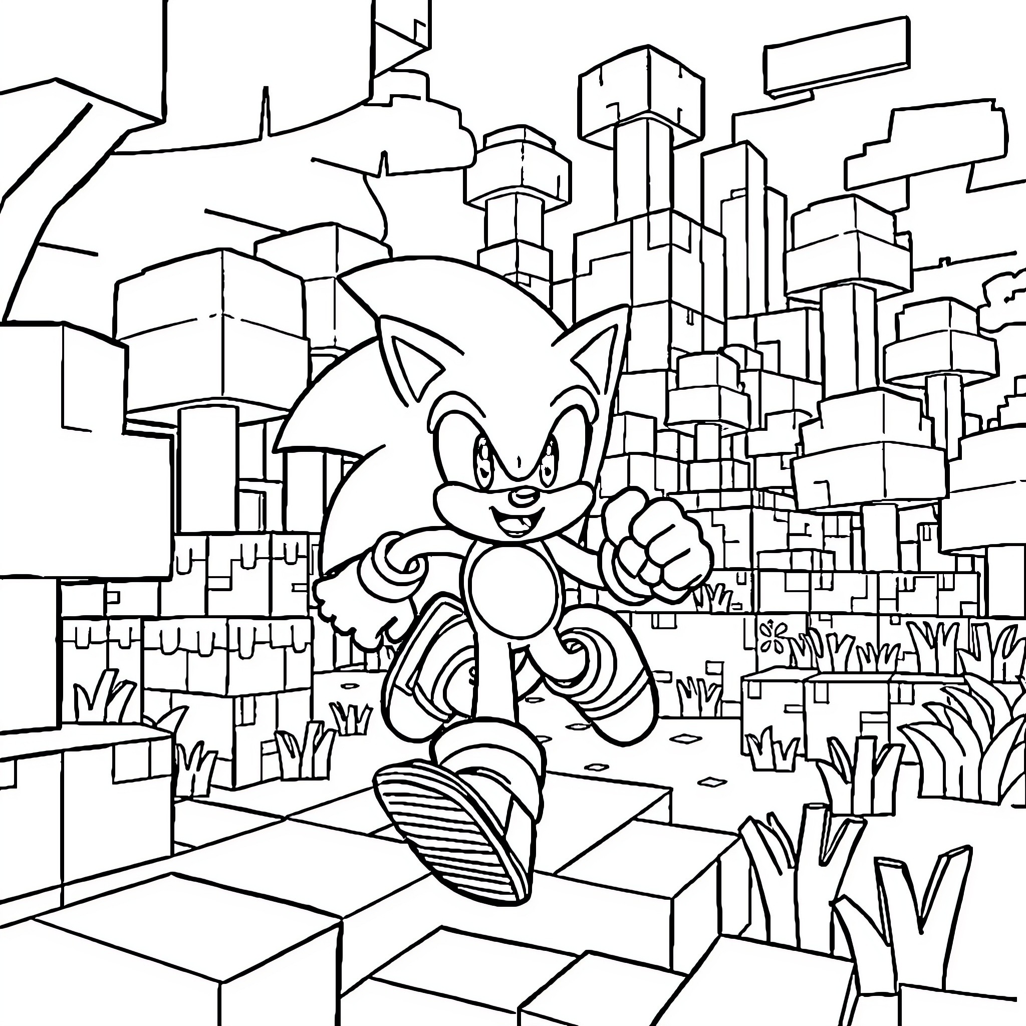 Sonic's Cityscape Adventure Coloring Page (free black-and-white line drawing printable PDF for all, from beginners to advanced learners, including children, teens, adults, and seniors)