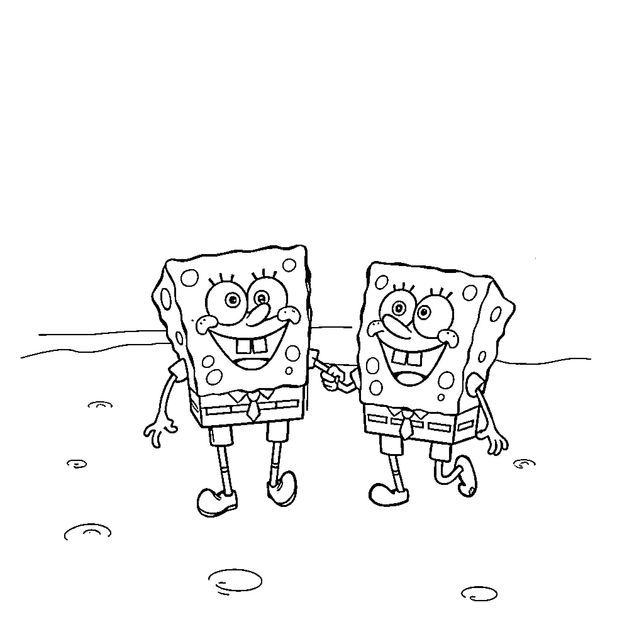 Spongebob characters enjoying a playful moment Coloring Page (free black-and-white line drawing printable PDF for all, from beginners to advanced learners, including children, teens, adults, and seniors)