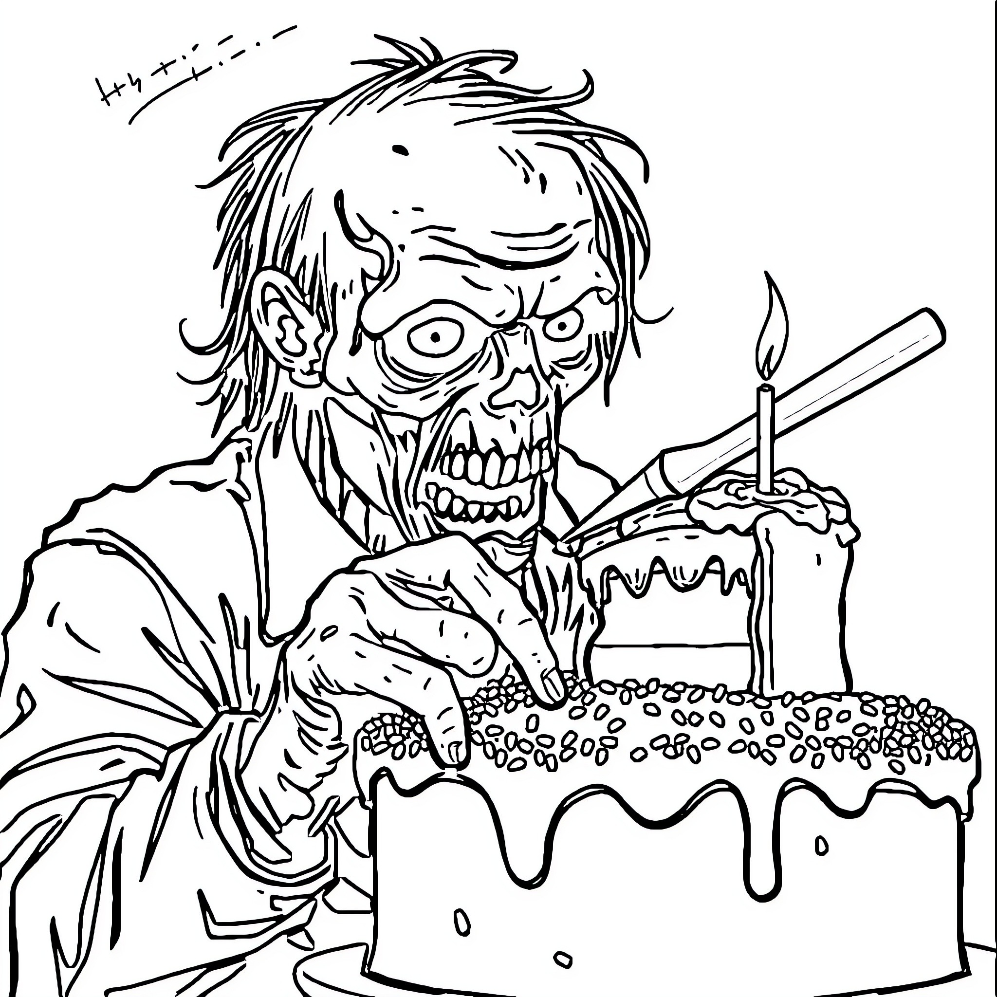 Zombie enjoying a creepy birthday cake Coloring Page (free black-and-white line drawing printable PDF for all, from beginners to advanced learners, including children, teens, adults, and seniors)