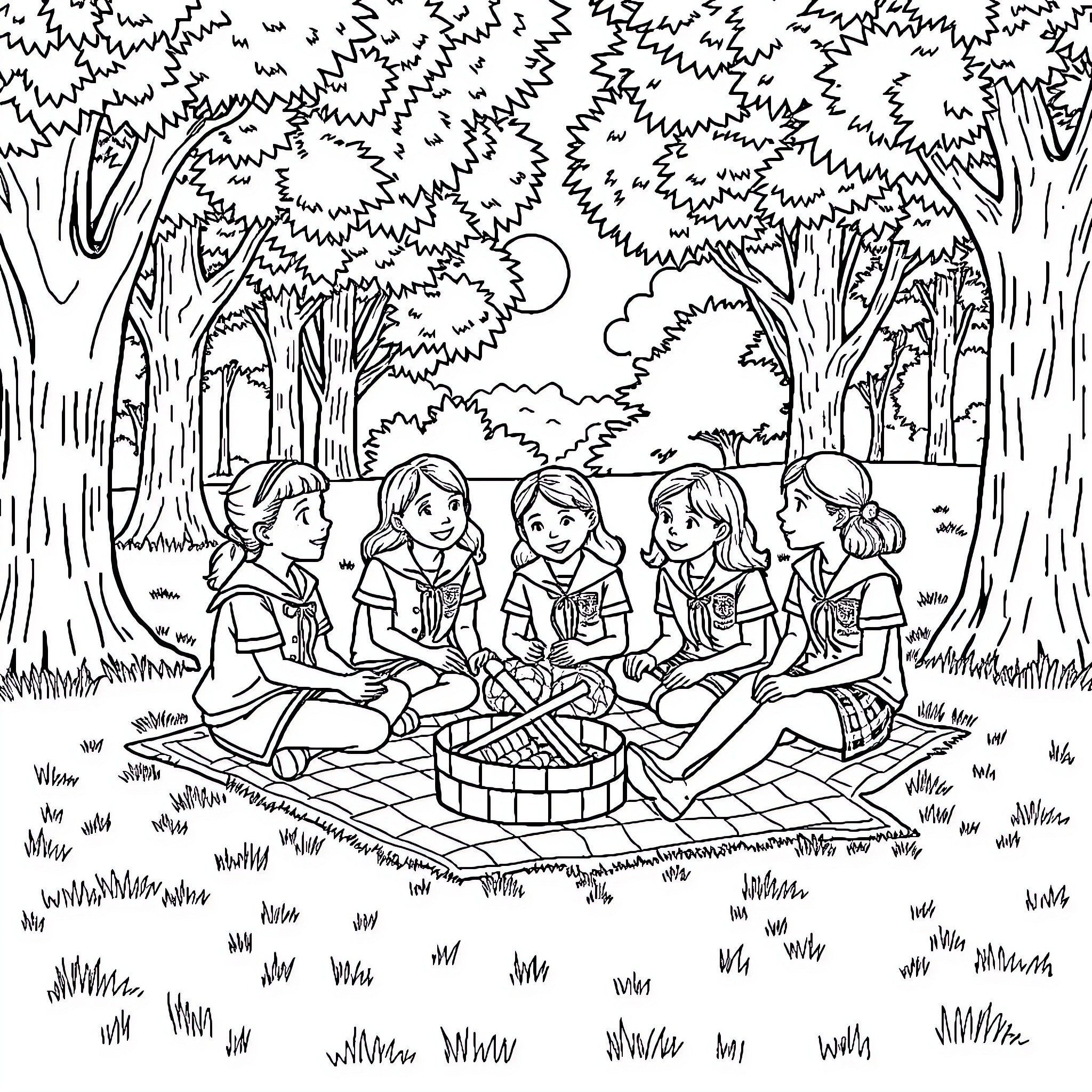 Girl Scout Troop Enjoying Picnic in the Woods Coloring Page (free black-and-white line drawing printable PDF for all, from beginners to advanced learners, including children, teens, adults, and seniors)