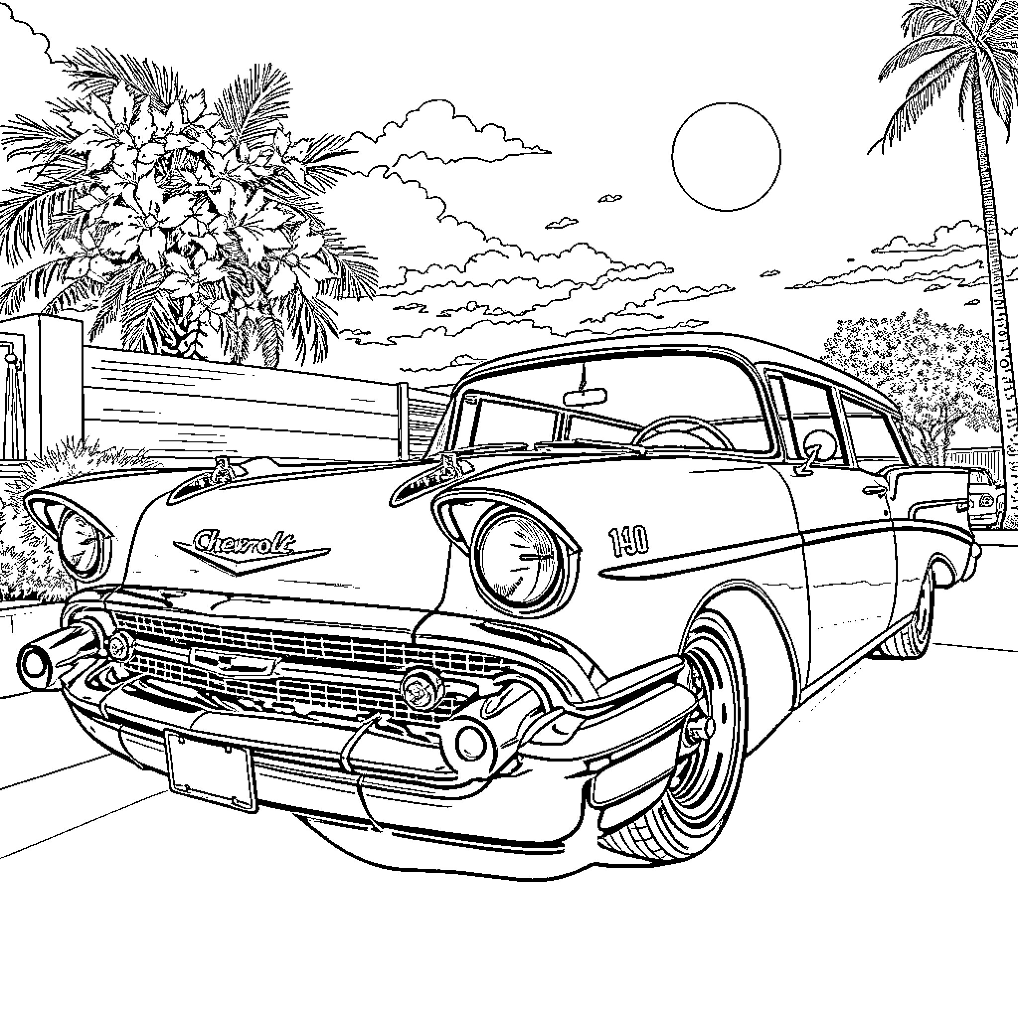 Chevy classic car on a tropical highway Coloring Page (free black-and-white line drawing printable PDF for all, from beginners to advanced learners, including children, teens, adults, and seniors)