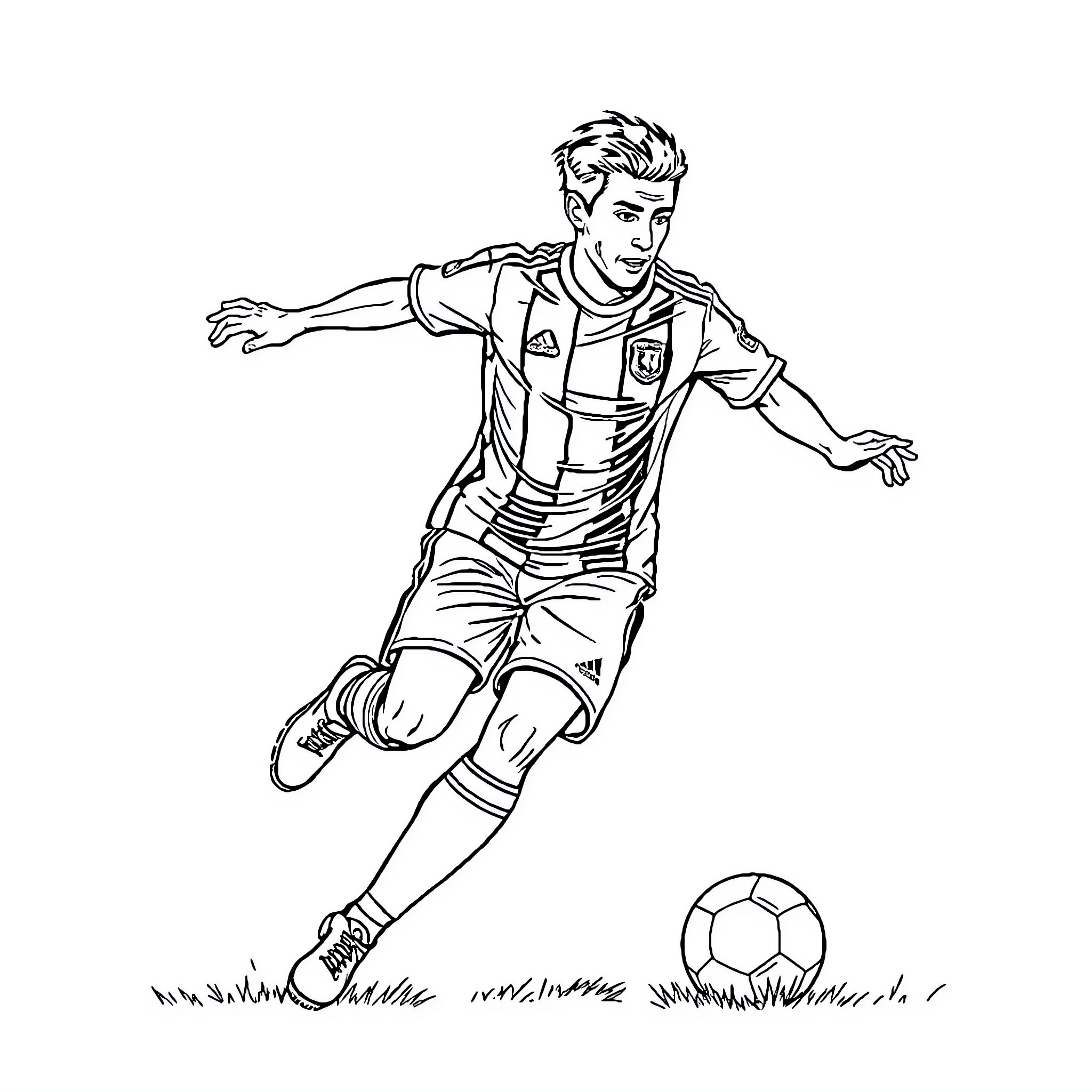 Atrascaeta: Soccer Player in Action Coloring Page (free black-and-white line drawing printable PDF for all, from beginners to advanced learners, including children, teens, adults, and seniors)