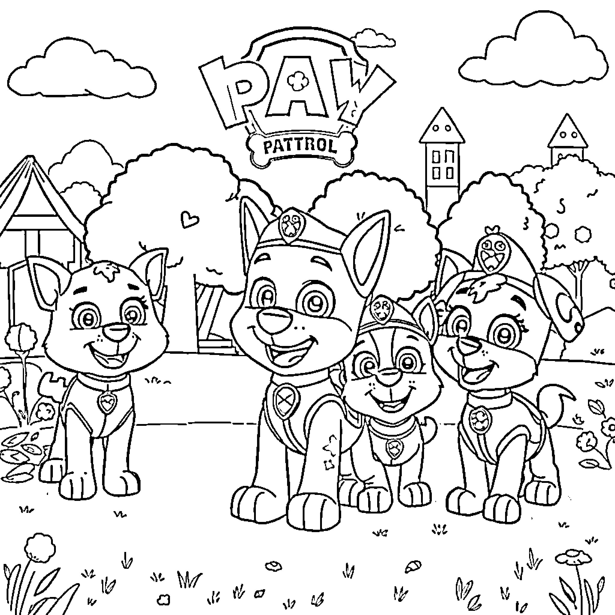 Character Paw Patrol: Dogs in outdoor scene Coloring Page (free black-and-white line drawing printable PDF for all, from beginners to advanced learners, including children, teens, adults, and seniors)
