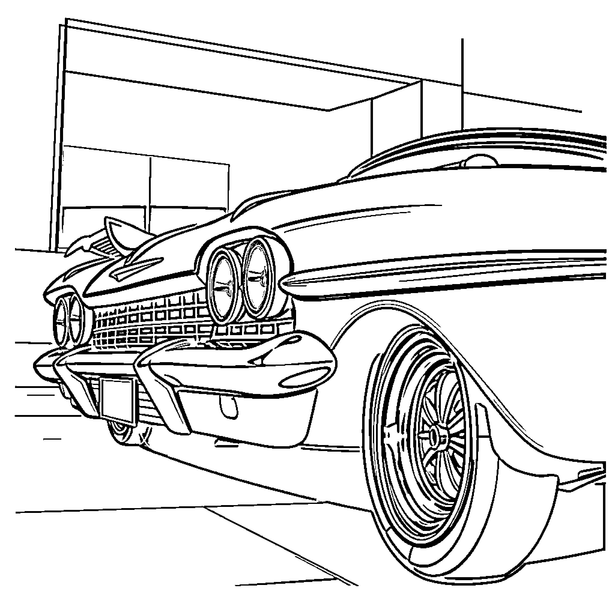 Lowrider car with distinctive design Coloring Page (free black-and-white line drawing printable PDF for all, from beginners to advanced learners, including children, teens, adults, and seniors)