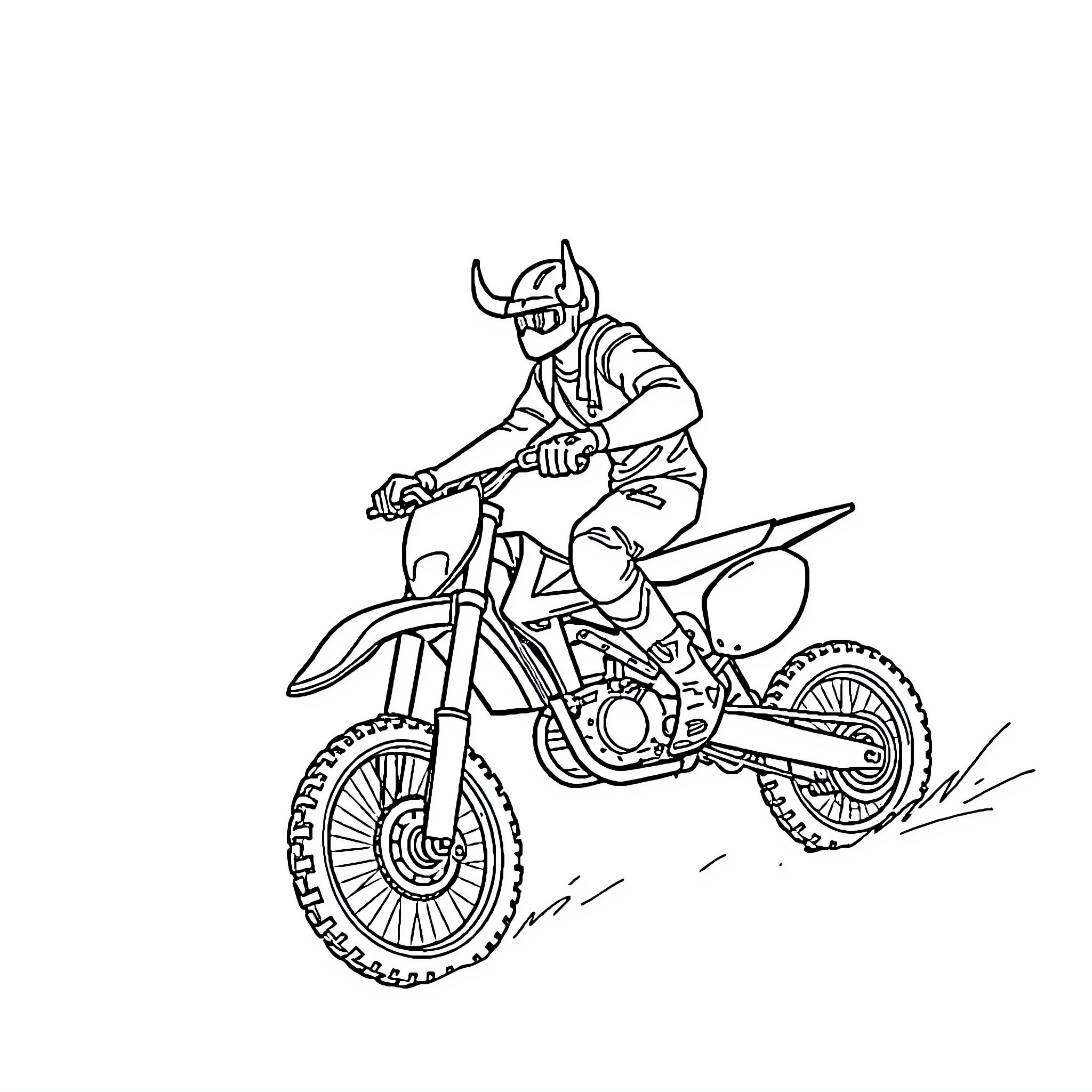 Bull Rider Competing on Motocross Dirt Bike Coloring Page (free black-and-white line drawing printable PDF for all, from beginners to advanced learners, including children, teens, adults, and seniors)
