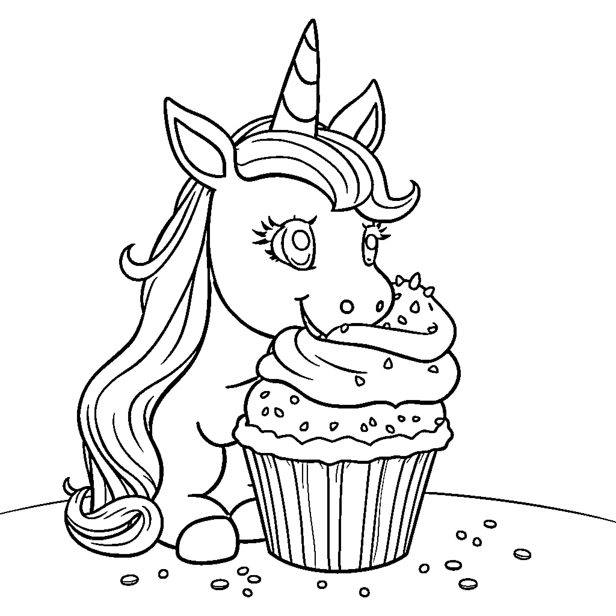 Unicorn baking delightful cupcake treat Coloring Page (free black-and-white line drawing printable PDF for all, from beginners to advanced learners, including children, teens, adults, and seniors)