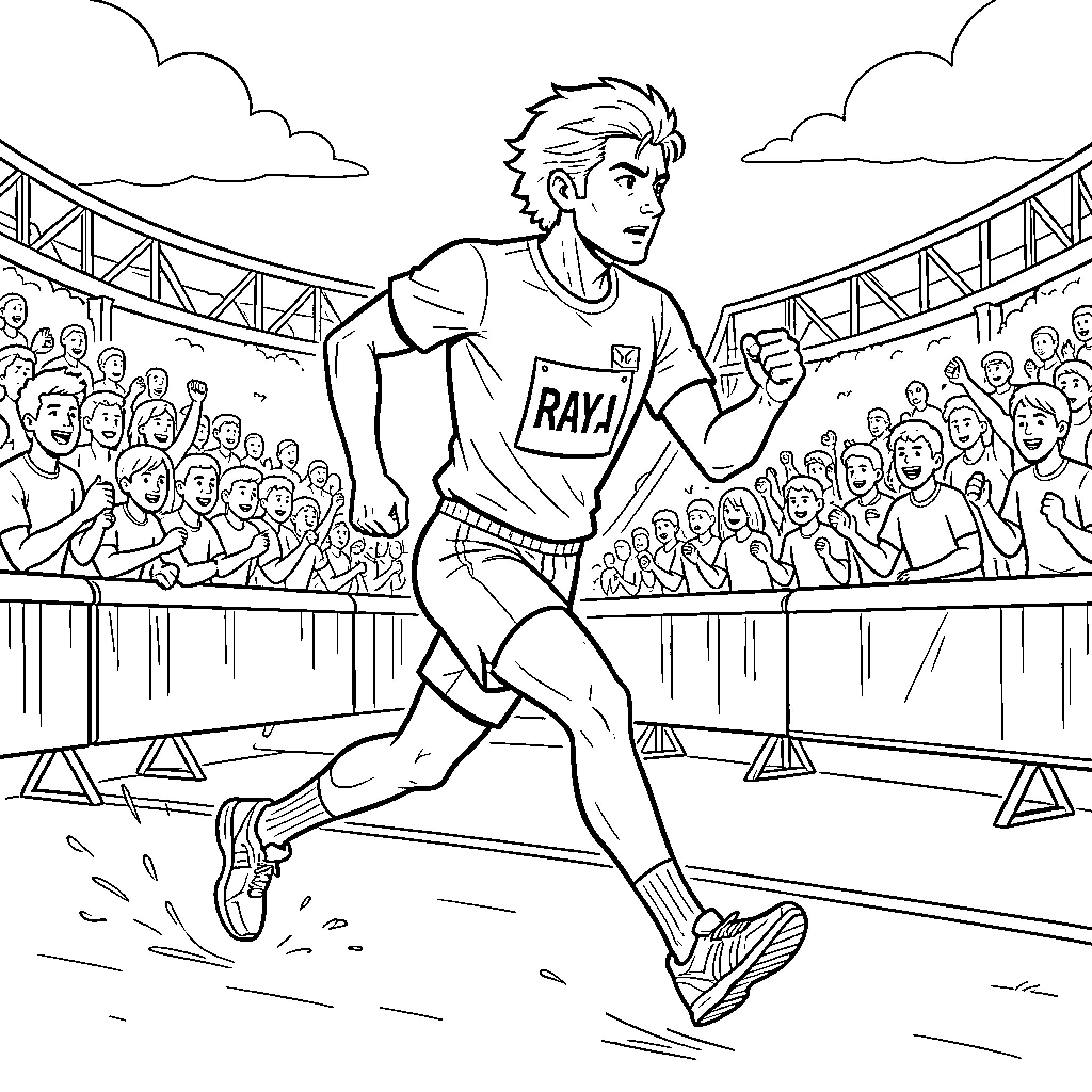 Rayo Sprinting in Sports Stadium Coloring Page (free black-and-white line drawing printable PDF for all, from beginners to advanced learners, including children, teens, adults, and seniors)