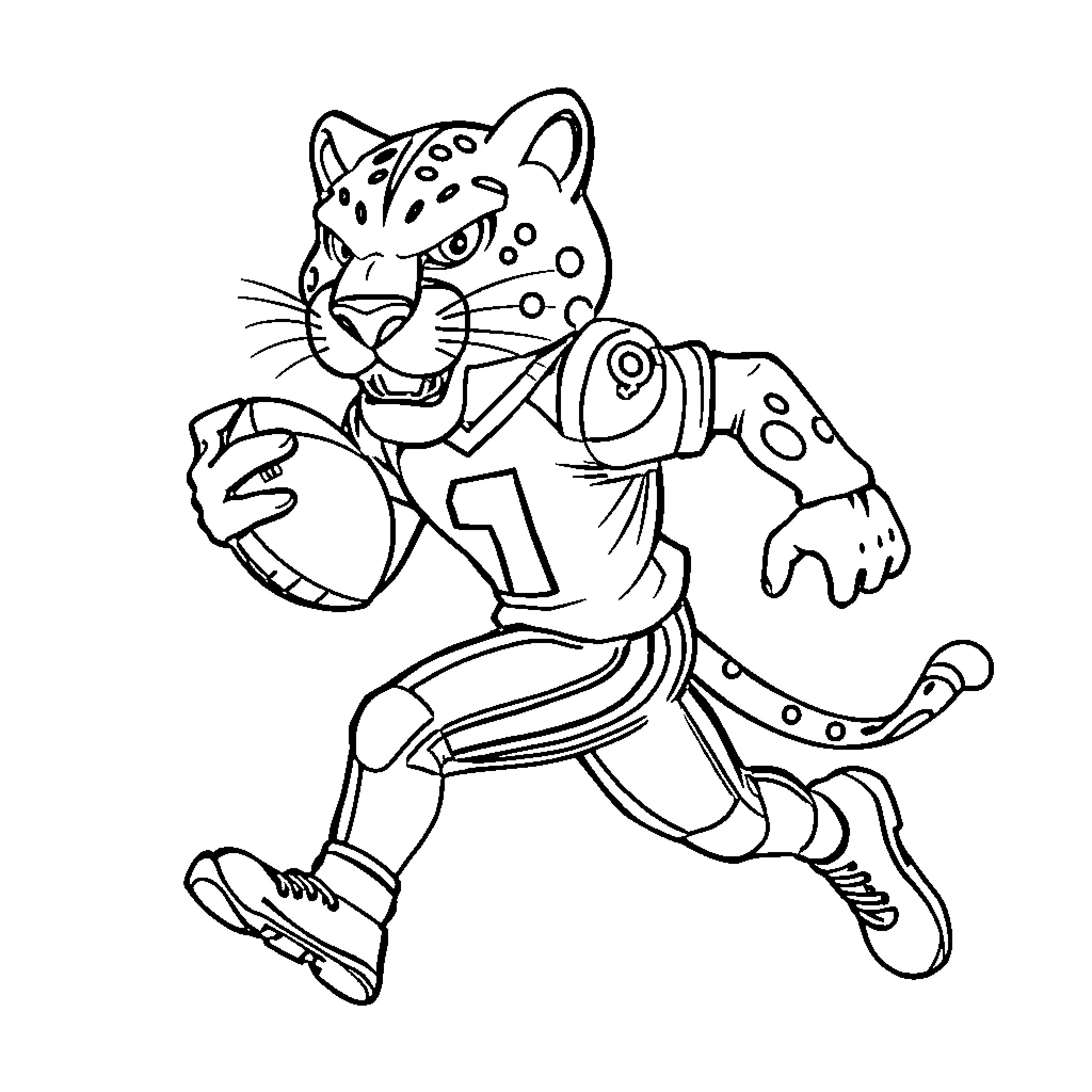 Panther athlete running with ball Coloring Page (free black-and-white line drawing printable PDF for all, from beginners to advanced learners, including children, teens, adults, and seniors)