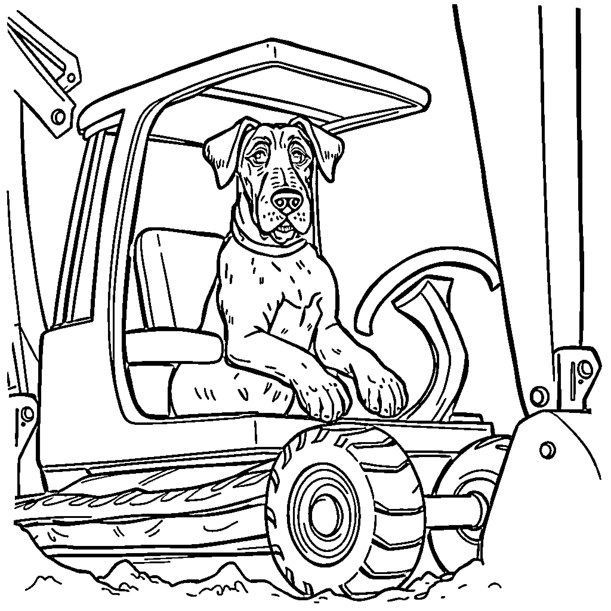 Airedale dog riding in a construction vehicle Coloring Page (free black-and-white line drawing printable PDF for all, from beginners to advanced learners, including children, teens, adults, and seniors)