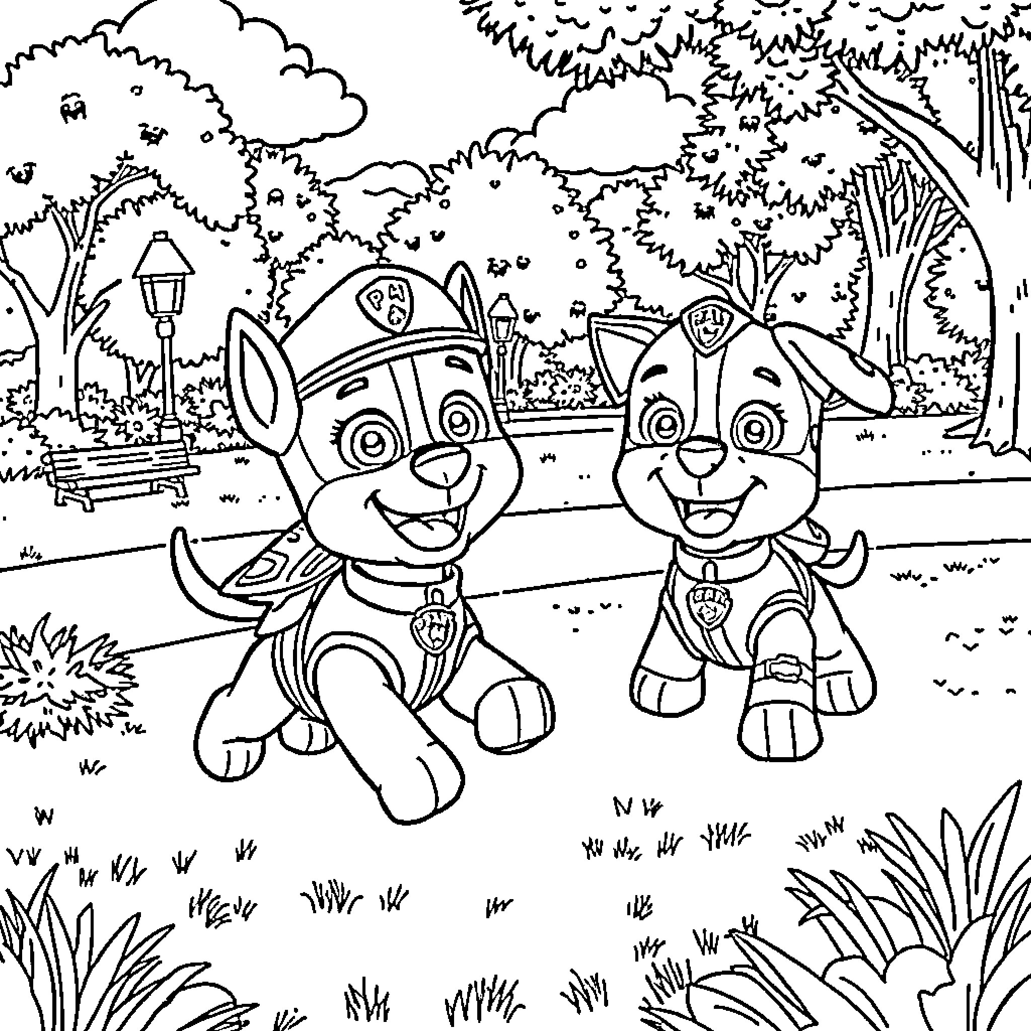 Paw Patrol characters exploring the park Coloring Page (free black-and-white line drawing printable PDF for all, from beginners to advanced learners, including children, teens, adults, and seniors)