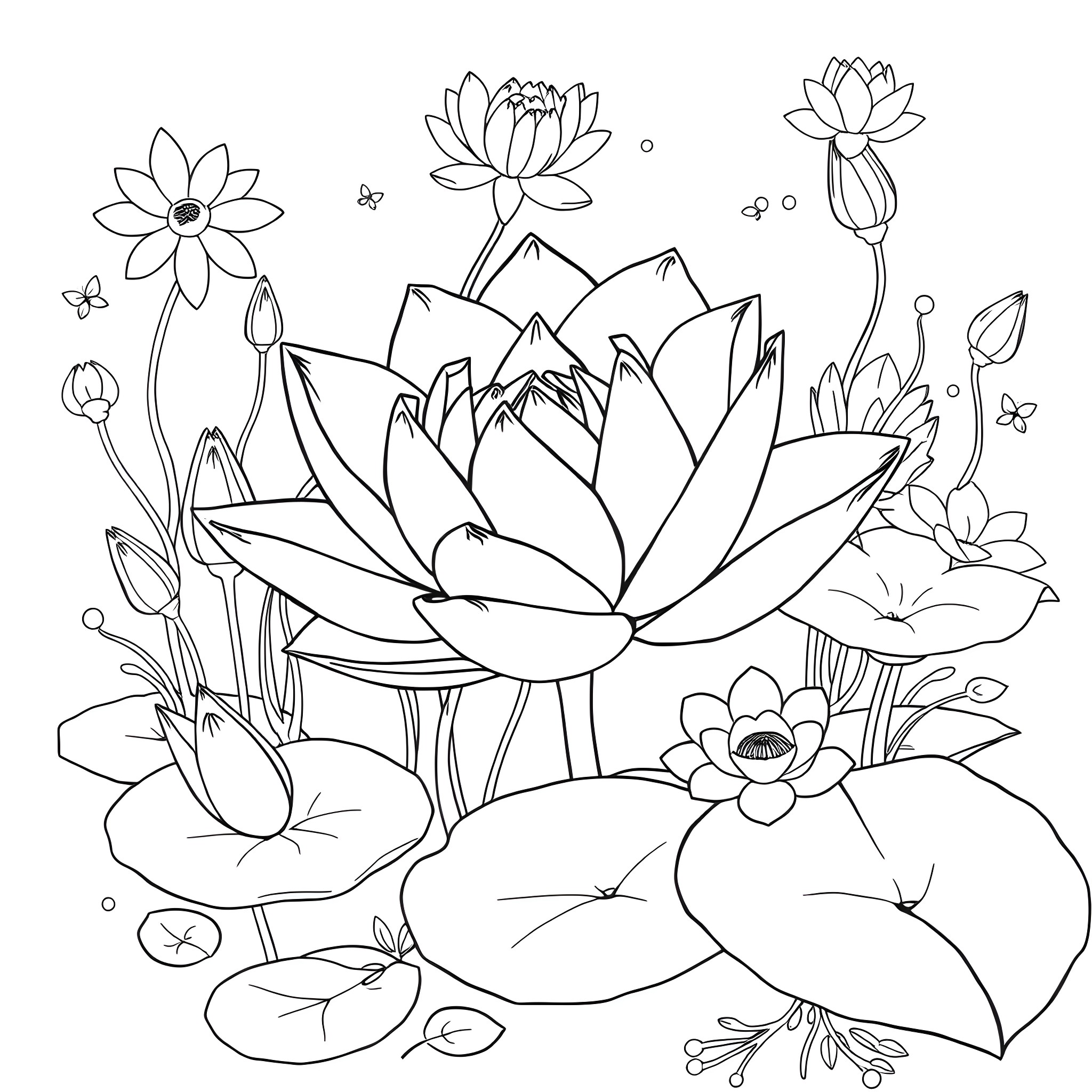 Tiana's Enchanting Lotus Garden Coloring Page (free black-and-white line drawing printable PDF for all, from beginners to advanced learners, including children, teens, adults, and seniors)