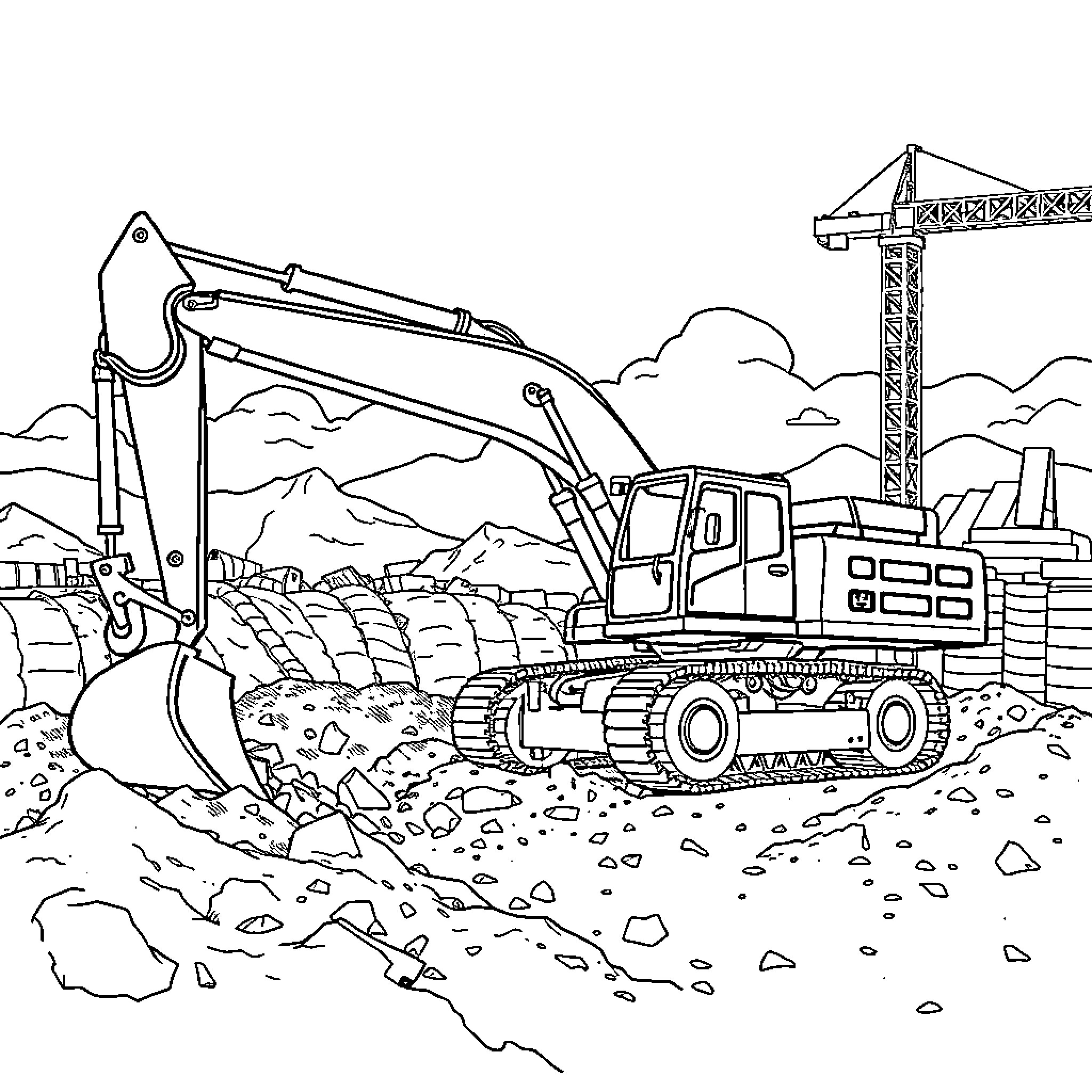 Excavator working at a construction site Coloring Page (free black-and-white line drawing printable PDF for all, from beginners to advanced learners, including children, teens, adults, and seniors)