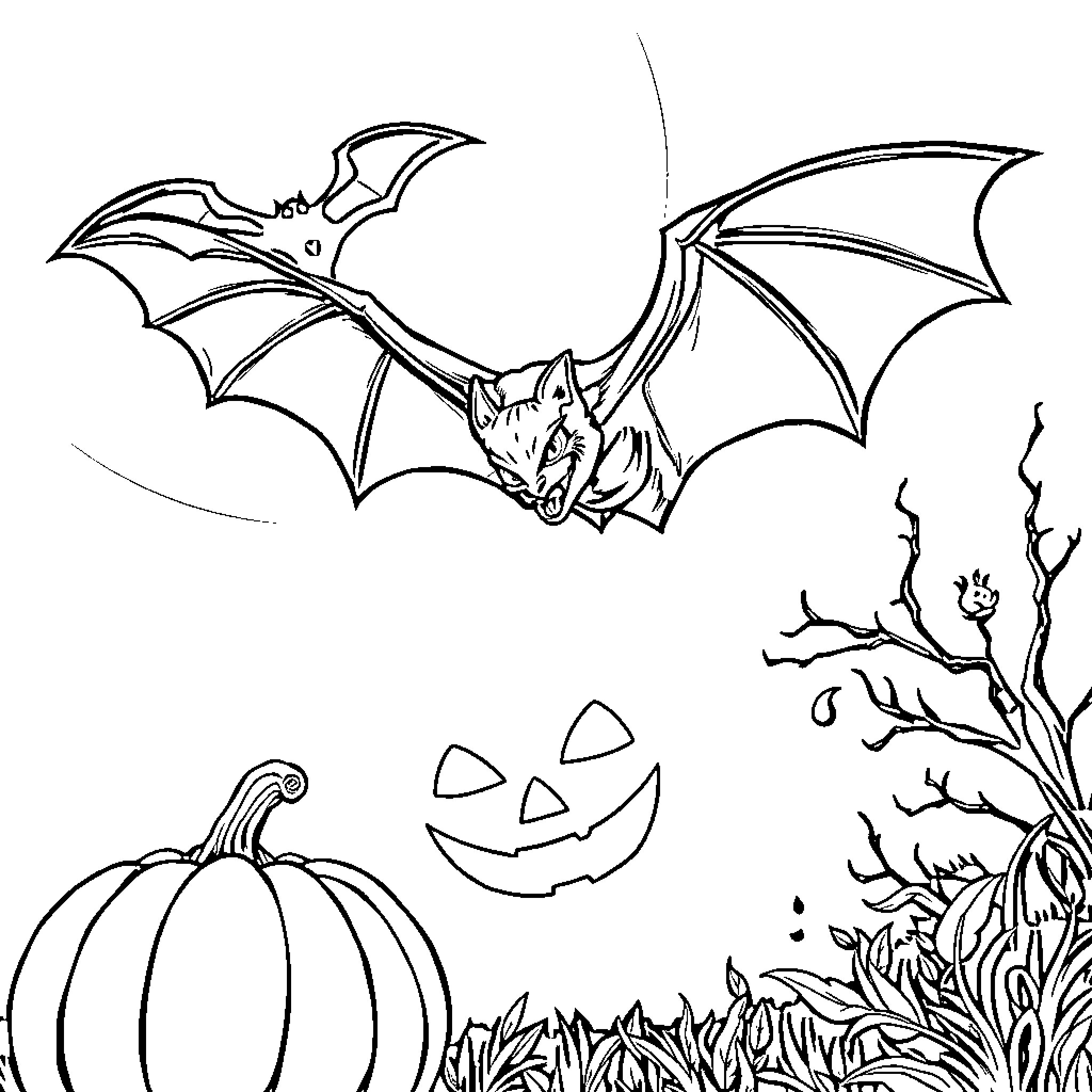 Bat soaring gracefully in Halloween scene Coloring Page (free black-and-white line drawing printable PDF for all, from beginners to advanced learners, including children, teens, adults, and seniors)
