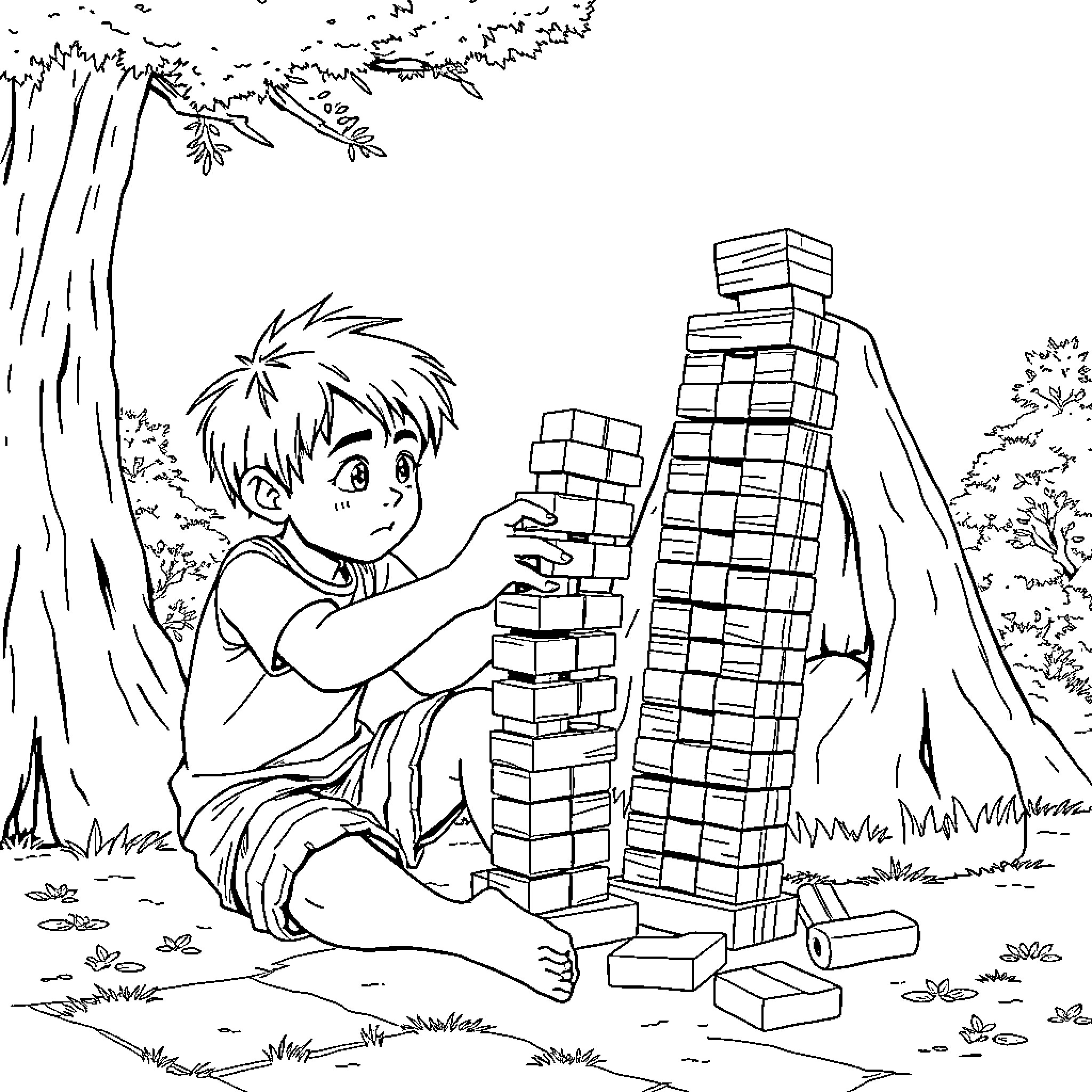 Boy building a tower outdoors in the park Coloring Page (free black-and-white line drawing printable PDF for all, from beginners to advanced learners, including children, teens, adults, and seniors)