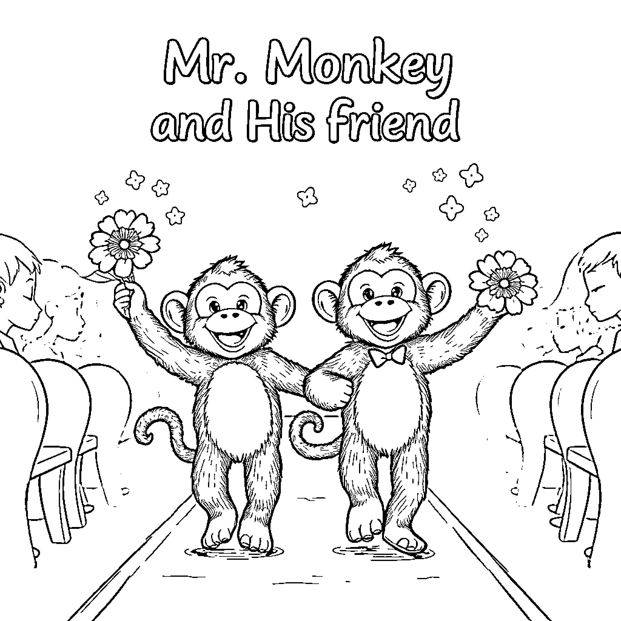 Monkey friends playing and holding flowers Coloring Page (free black-and-white line drawing printable PDF for all, from beginners to advanced learners, including children, teens, adults, and seniors)