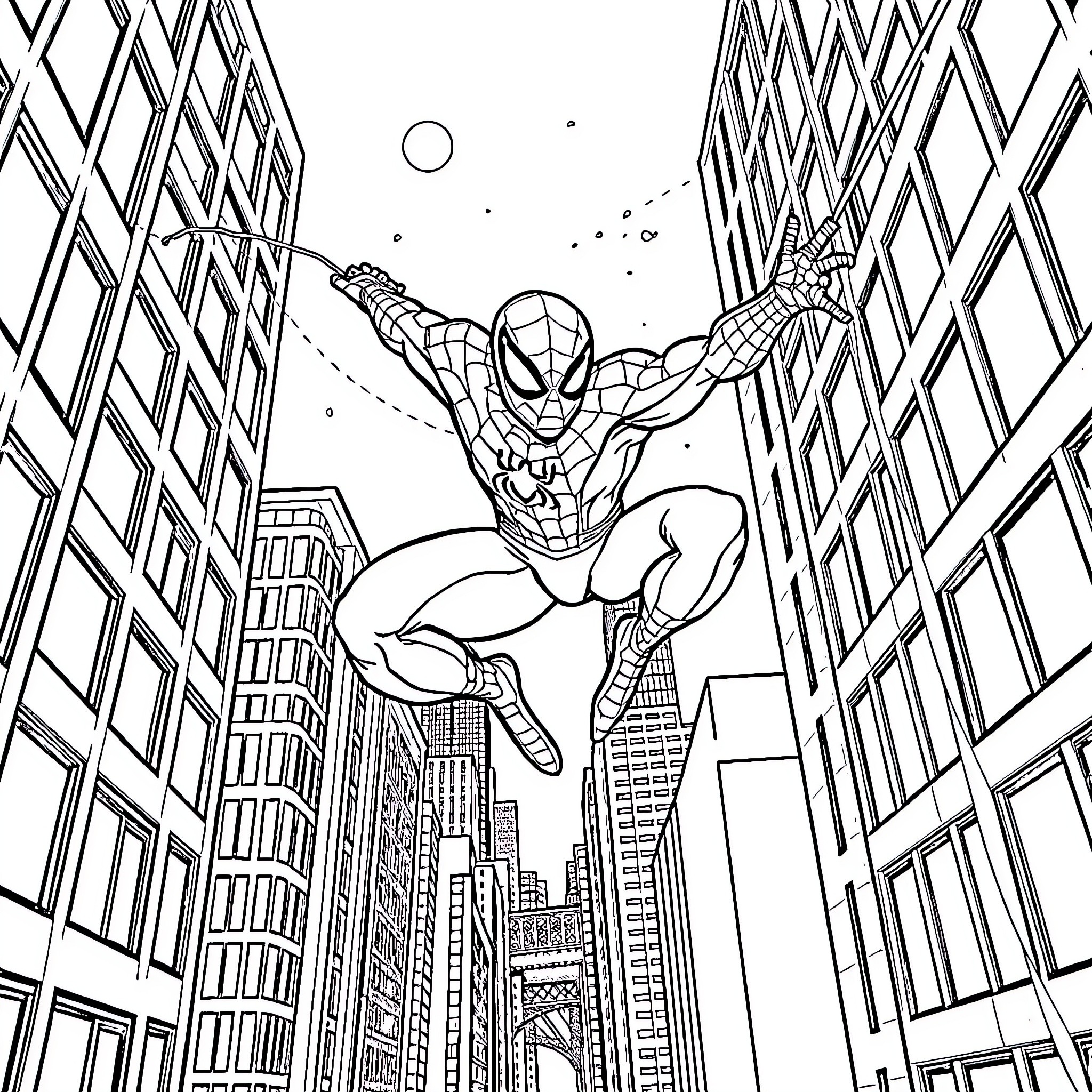 Spiderman swinging through the city skyline Coloring Page (free black-and-white line drawing printable PDF for all, from beginners to advanced learners, including children, teens, adults, and seniors)