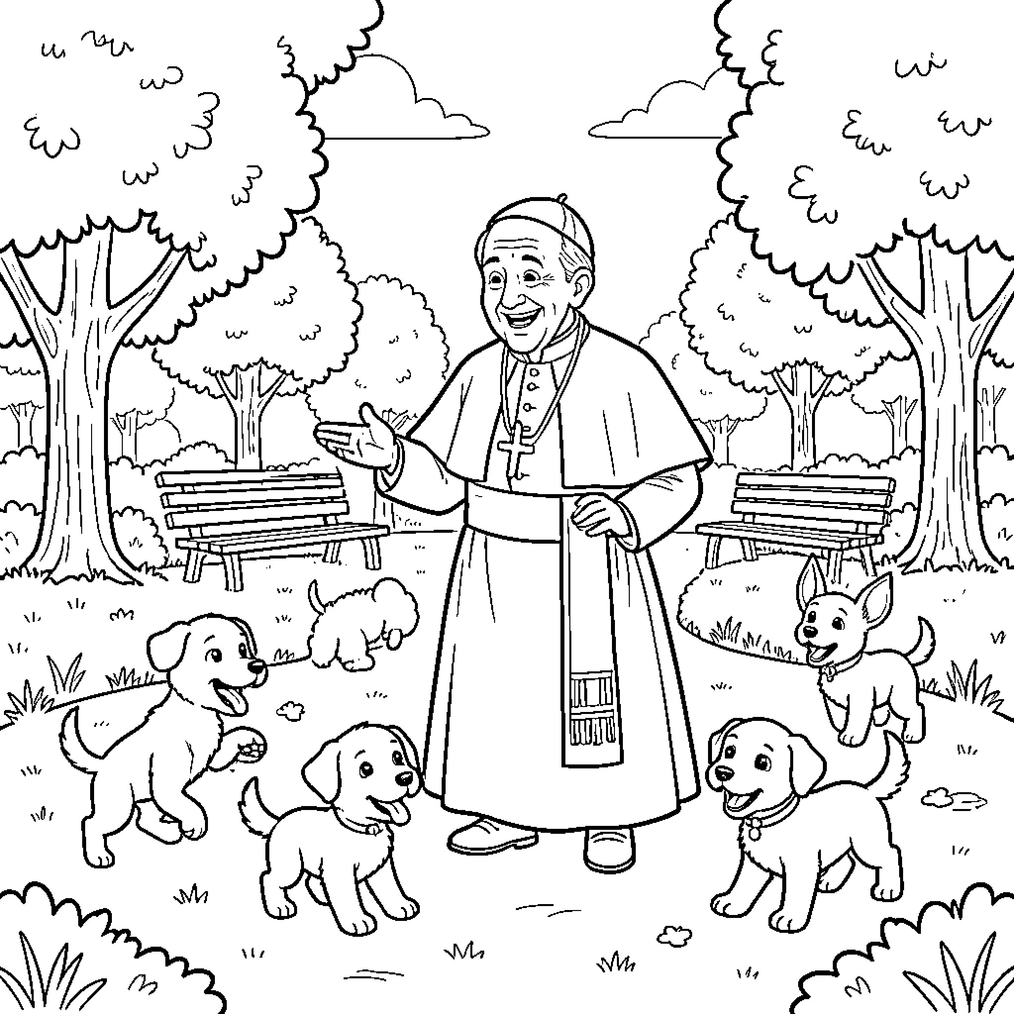 Paw Patrol characters interacting with a priest in a park Coloring Page (free black-and-white line drawing printable PDF for all, from beginners to advanced learners, including children, teens, adults, and seniors)