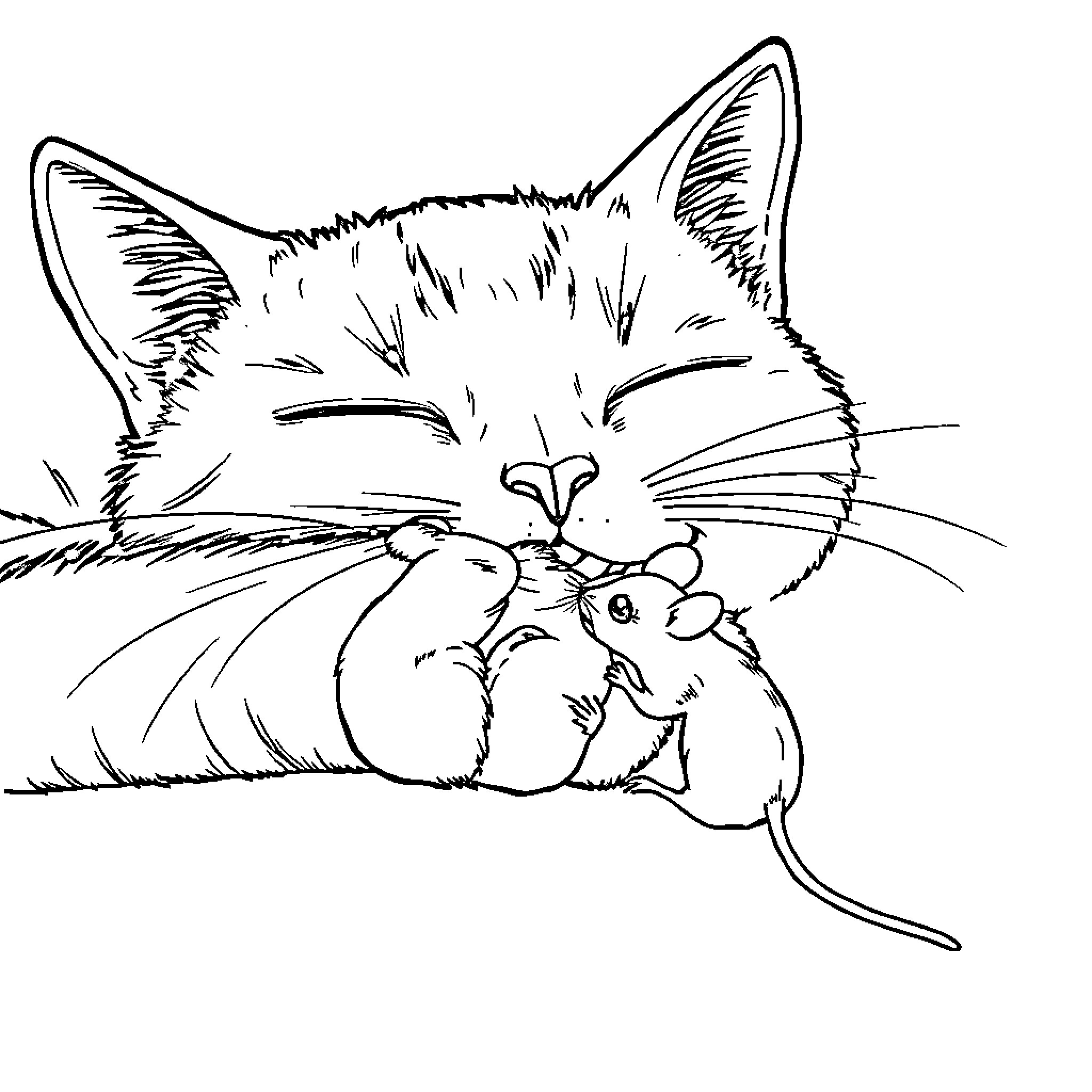 Mouse chasing playful cat in black and white Coloring Page (free black-and-white line drawing printable PDF for all, from beginners to advanced learners, including children, teens, adults, and seniors)
