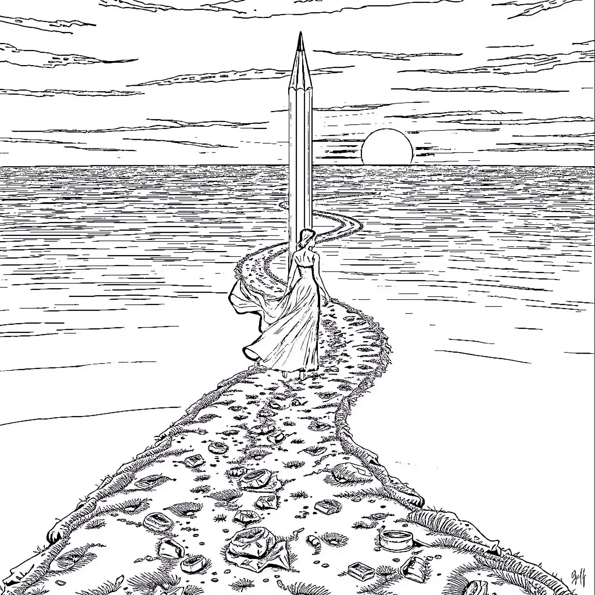 Woman walking on a path by the ocean Coloring Page (free black-and-white line drawing printable PDF for all, from beginners to advanced learners, including children, teens, adults, and seniors)