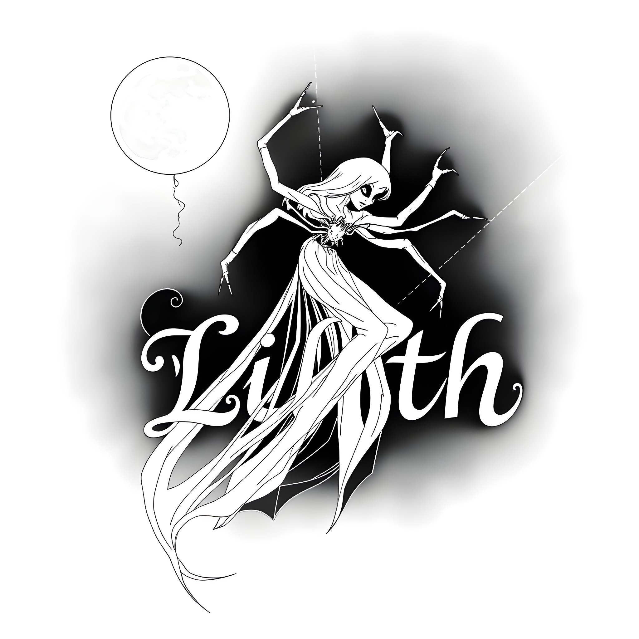 Ghost Spider's Ethereal Dance with Balloon Coloring Page (free black-and-white line drawing printable PDF for all, from beginners to advanced learners, including children, teens, adults, and seniors)