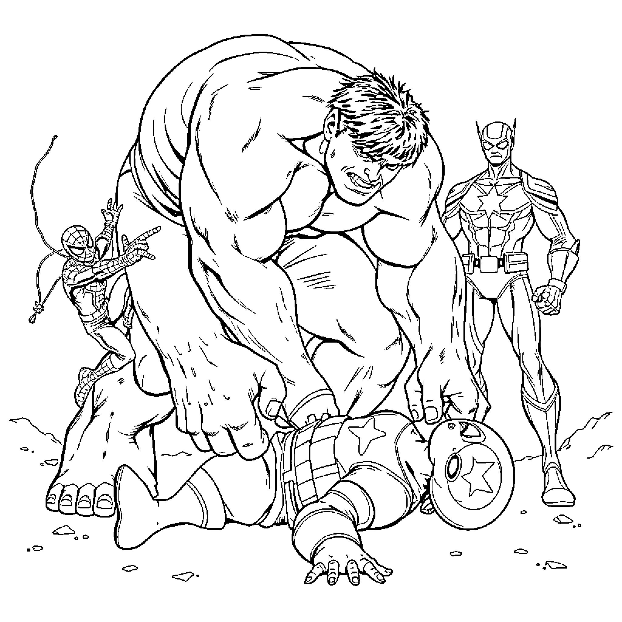 Hulk Smashing Villains in Action-Packed Scene Coloring Page (free black-and-white line drawing printable PDF for all, from beginners to advanced learners, including children, teens, adults, and seniors)