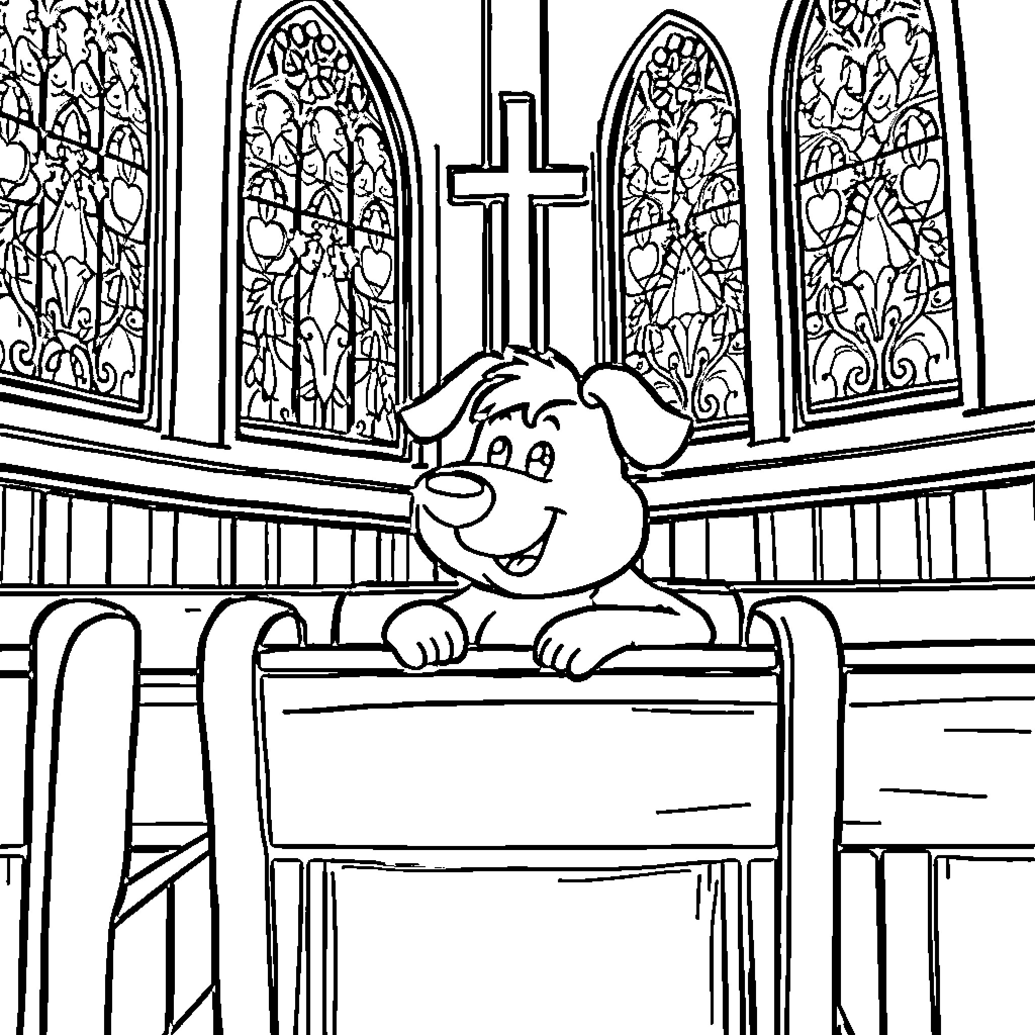 Spuds McKenzie at the Church Coloring Page (free black-and-white line drawing printable PDF for all, from beginners to advanced learners, including children, teens, adults, and seniors)