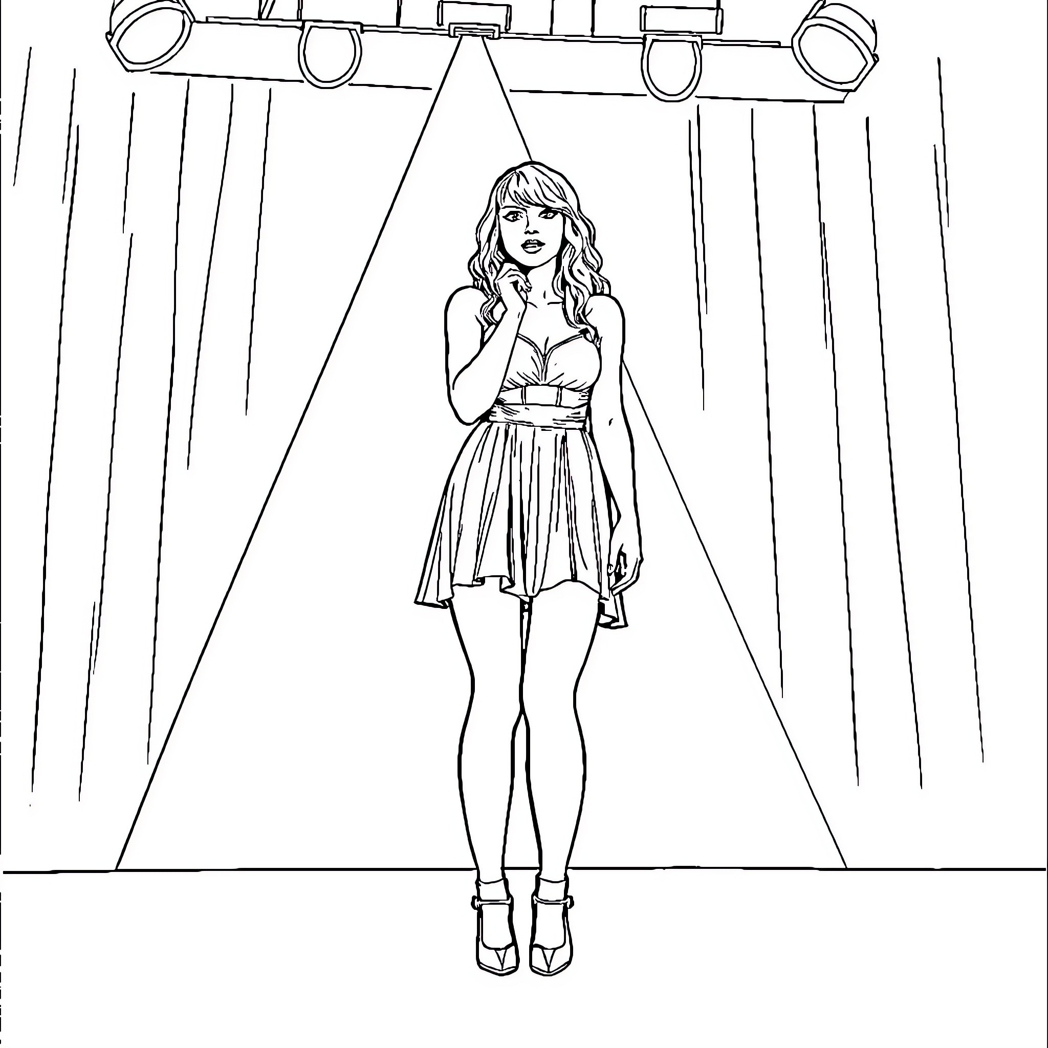 Taylor Swift posing confidently on stage Coloring Page (free black-and-white line drawing printable PDF for all, from beginners to advanced learners, including children, teens, adults, and seniors)