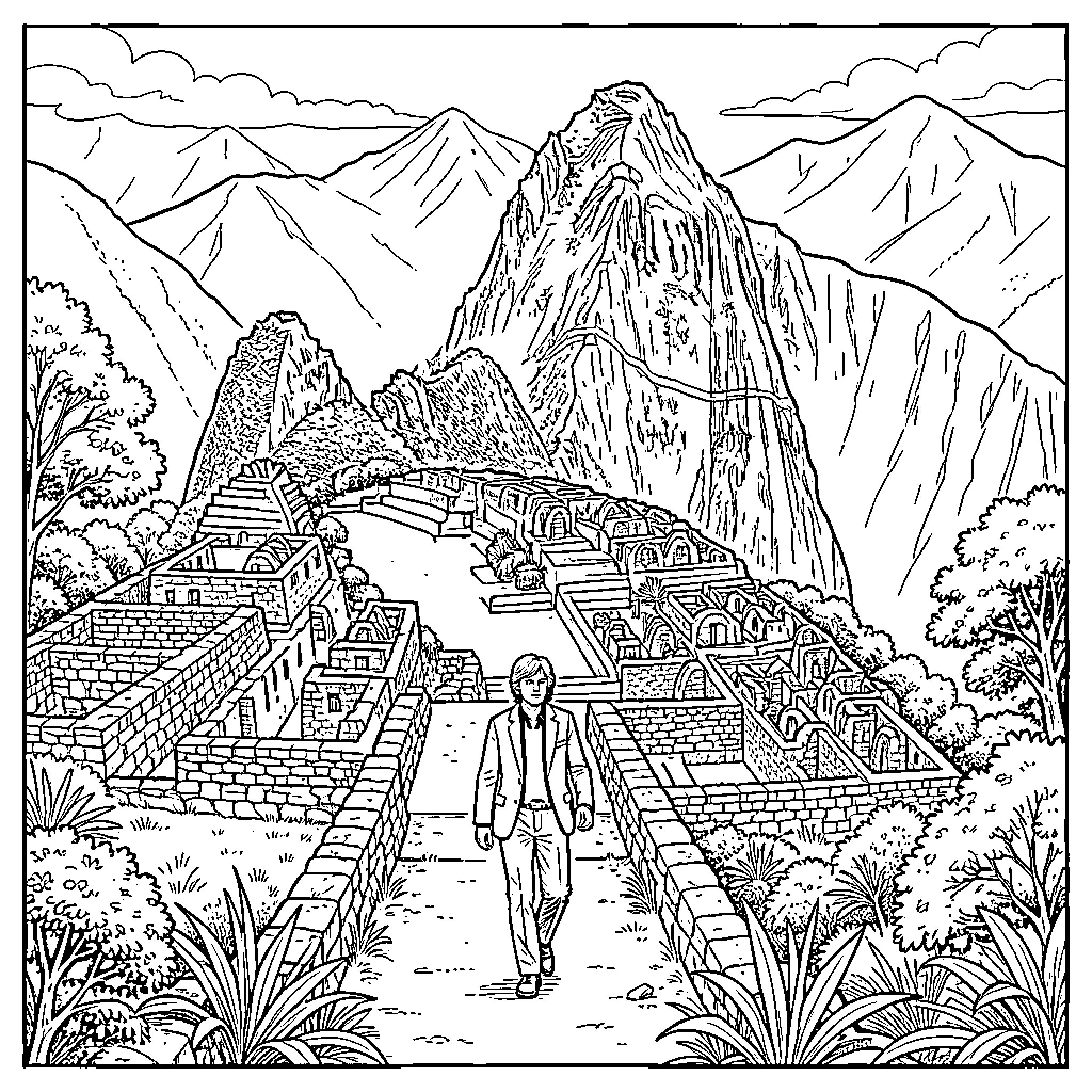 Paul McCartney walking through ancient mountain ruins Coloring Page (free black-and-white line drawing printable PDF for all, from beginners to advanced learners, including children, teens, adults, and seniors)