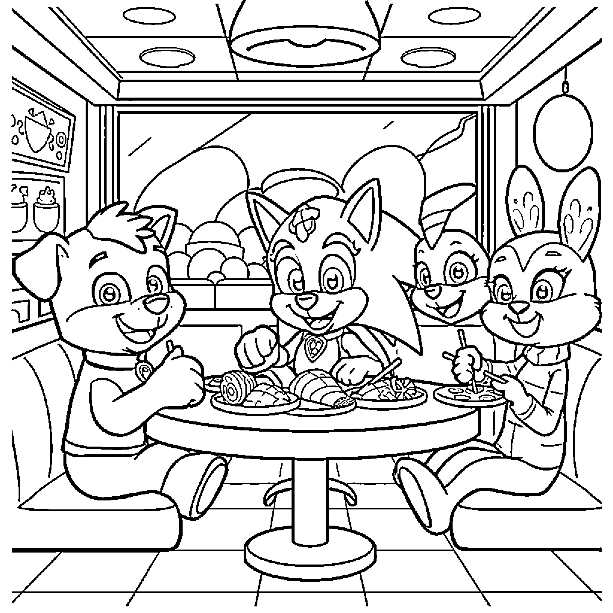 Paw Patrol Puppies Enjoying a Meal Together Coloring Page (free black-and-white line drawing printable PDF for all, from beginners to advanced learners, including children, teens, adults, and seniors)