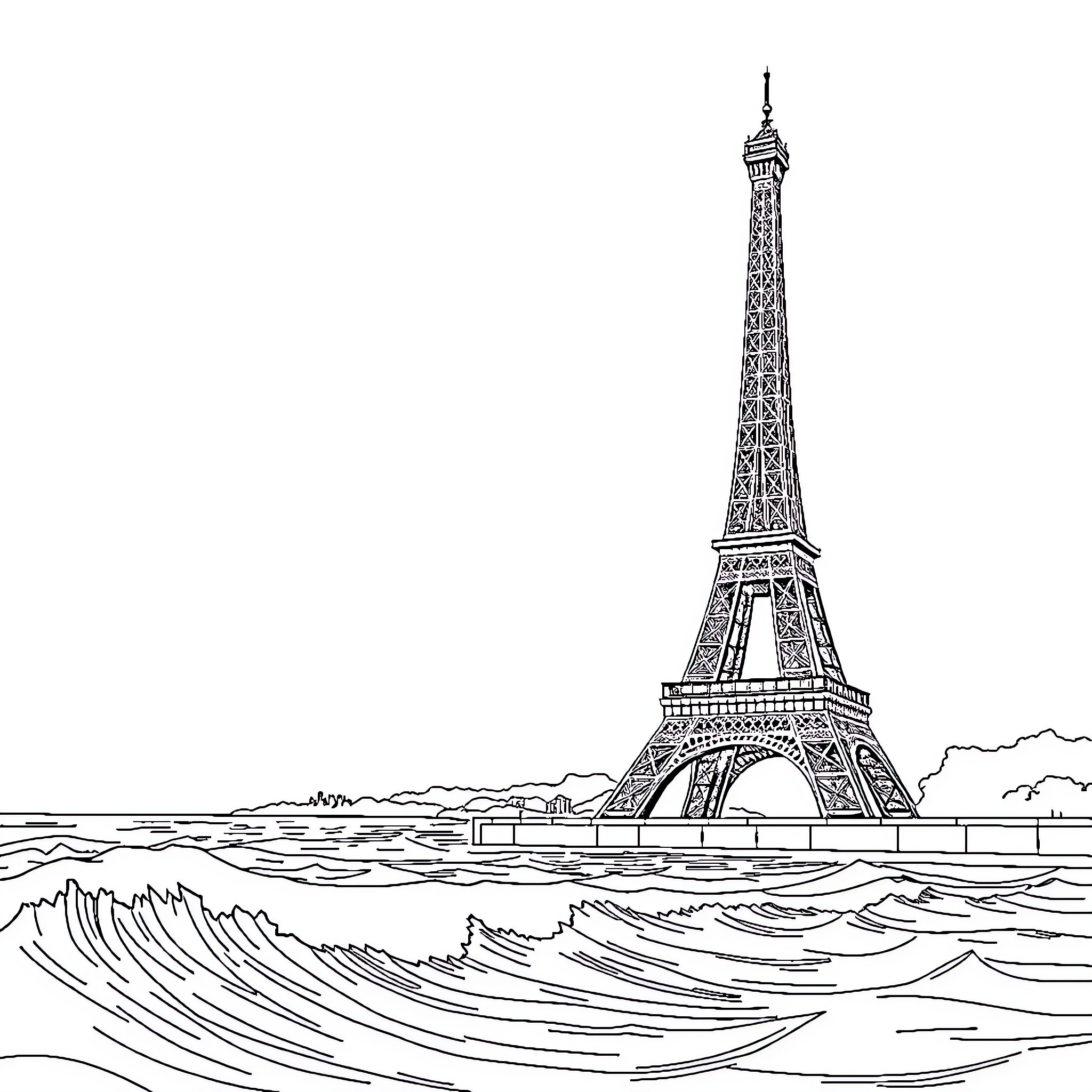 Eiffel Tower on a wavy sea landscape Coloring Page (free black-and-white line drawing printable PDF for all, from beginners to advanced learners, including children, teens, adults, and seniors)
