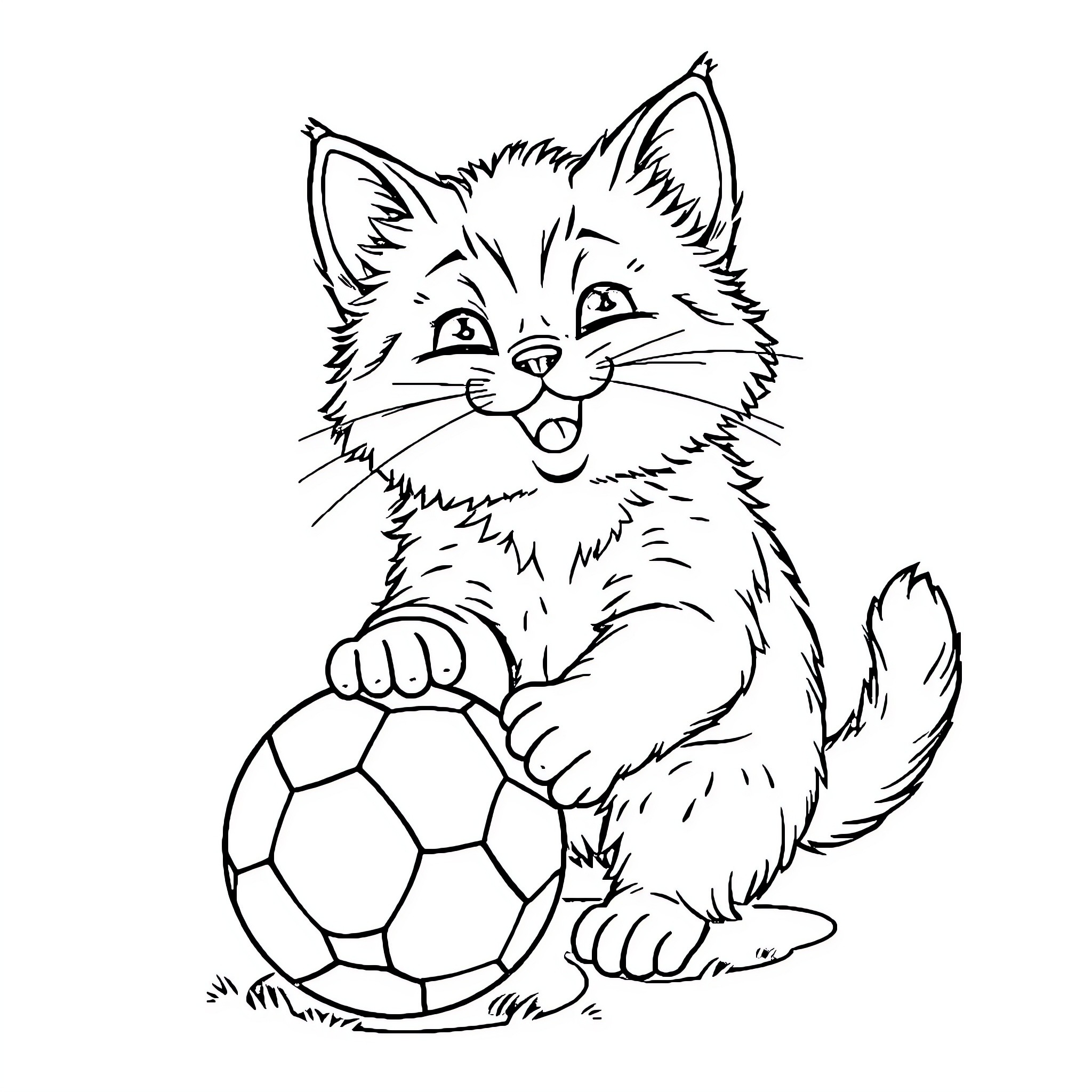 Cat playing with soccer ball Coloring Page (free black-and-white line drawing printable PDF for all, from beginners to advanced learners, including children, teens, adults, and seniors)