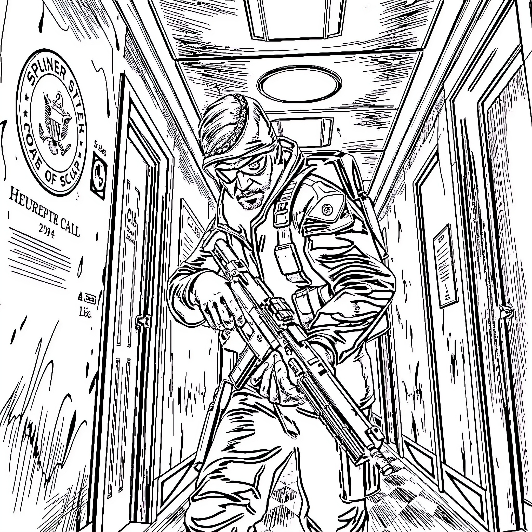 Sam Fisher on a covert mission in a dark corridor Coloring Page (free black-and-white line drawing printable PDF for all, from beginners to advanced learners, including children, teens, adults, and seniors)