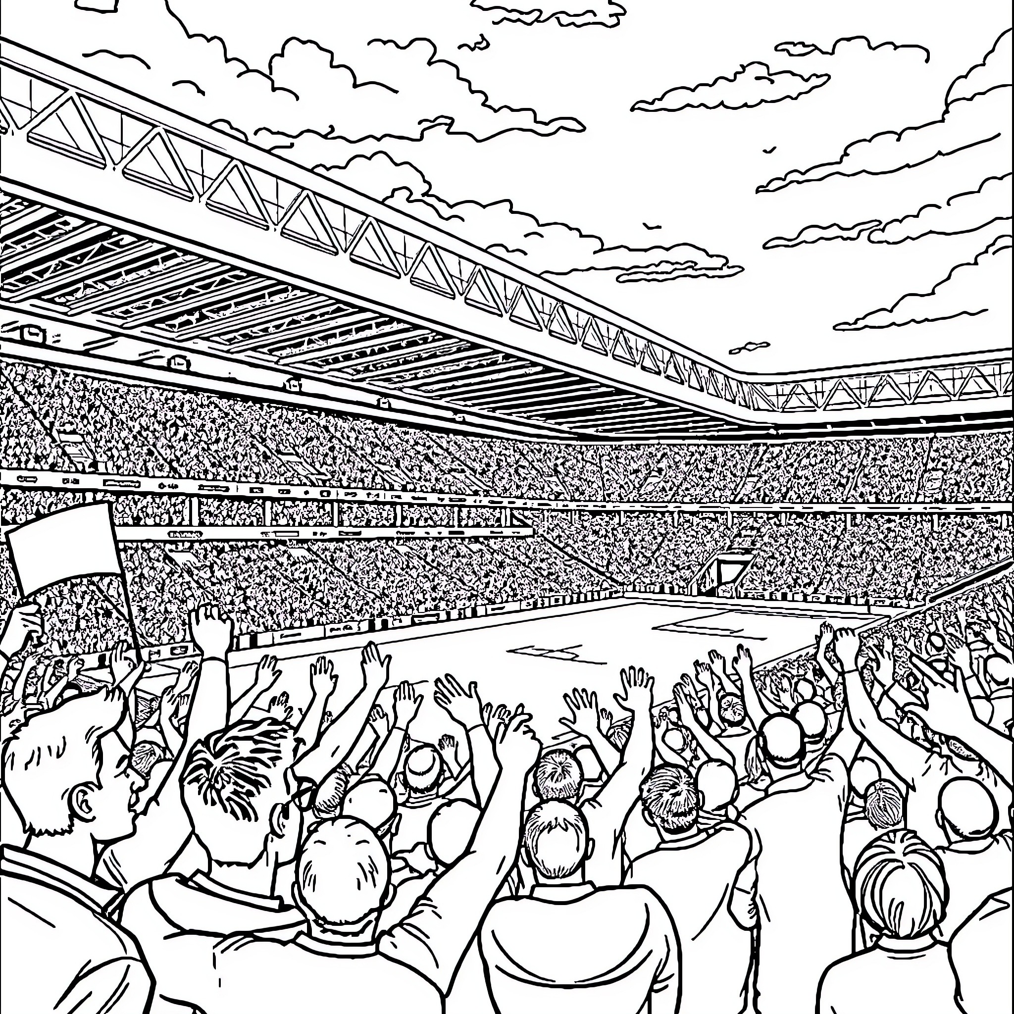 Stadium scene with enthusiastic crowd Coloring Page (free black-and-white line drawing printable PDF for all, from beginners to advanced learners, including children, teens, adults, and seniors)
