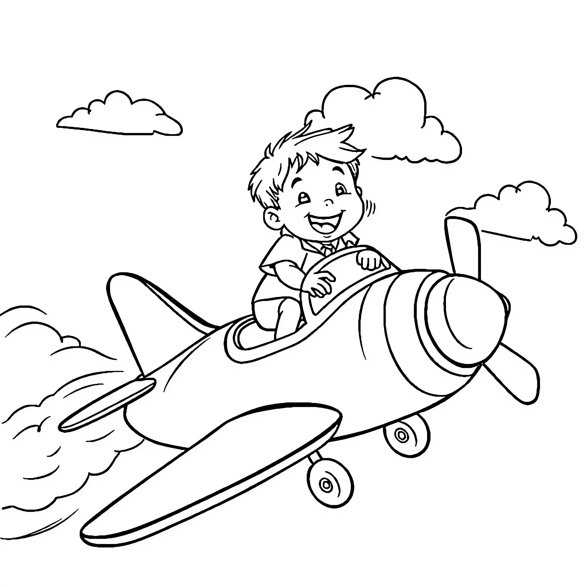 Kid soaring through the sky in a plane Coloring Page (free black-and-white line drawing printable PDF for all, from beginners to advanced learners, including children, teens, adults, and seniors)