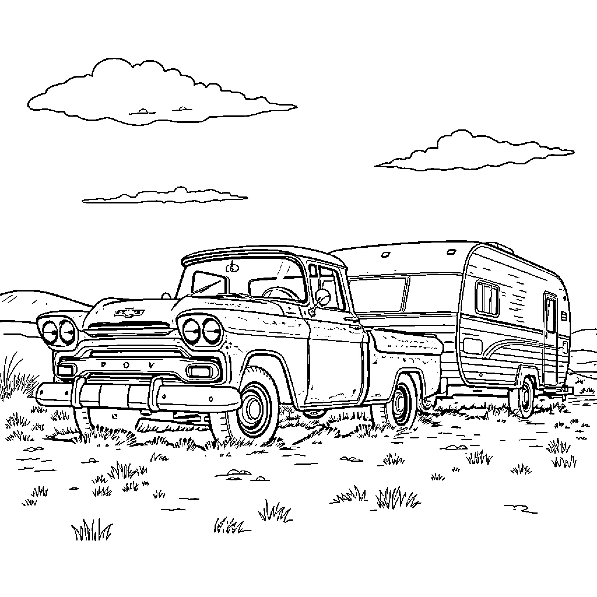 Chevy Truck Hauling Camper in Countryside Coloring Page (free black-and-white line drawing printable PDF for all, from beginners to advanced learners, including children, teens, adults, and seniors)