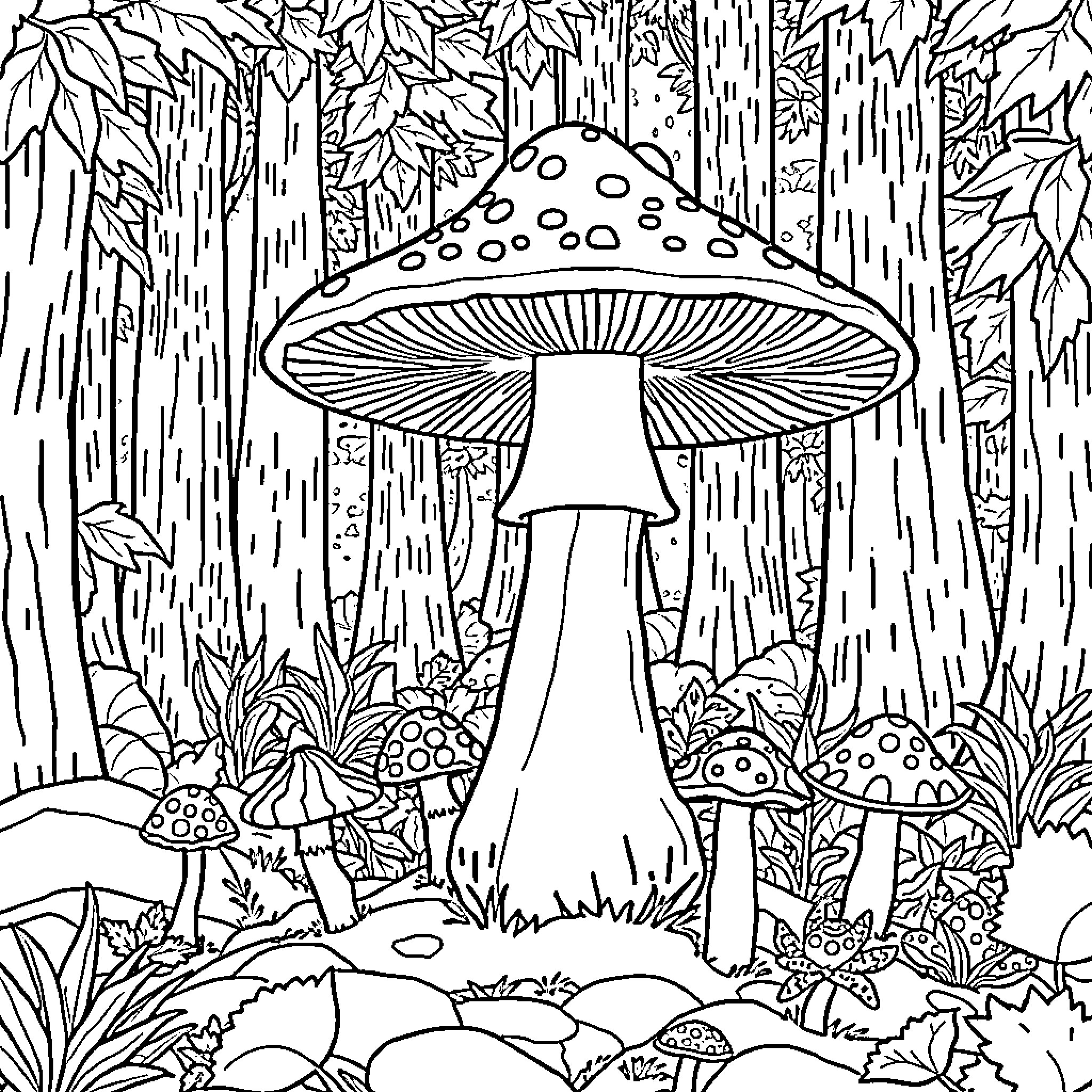 Amanita mushrooms in a lush, whimsical forest Coloring Page (free black-and-white line drawing printable PDF for all, from beginners to advanced learners, including children, teens, adults, and seniors)