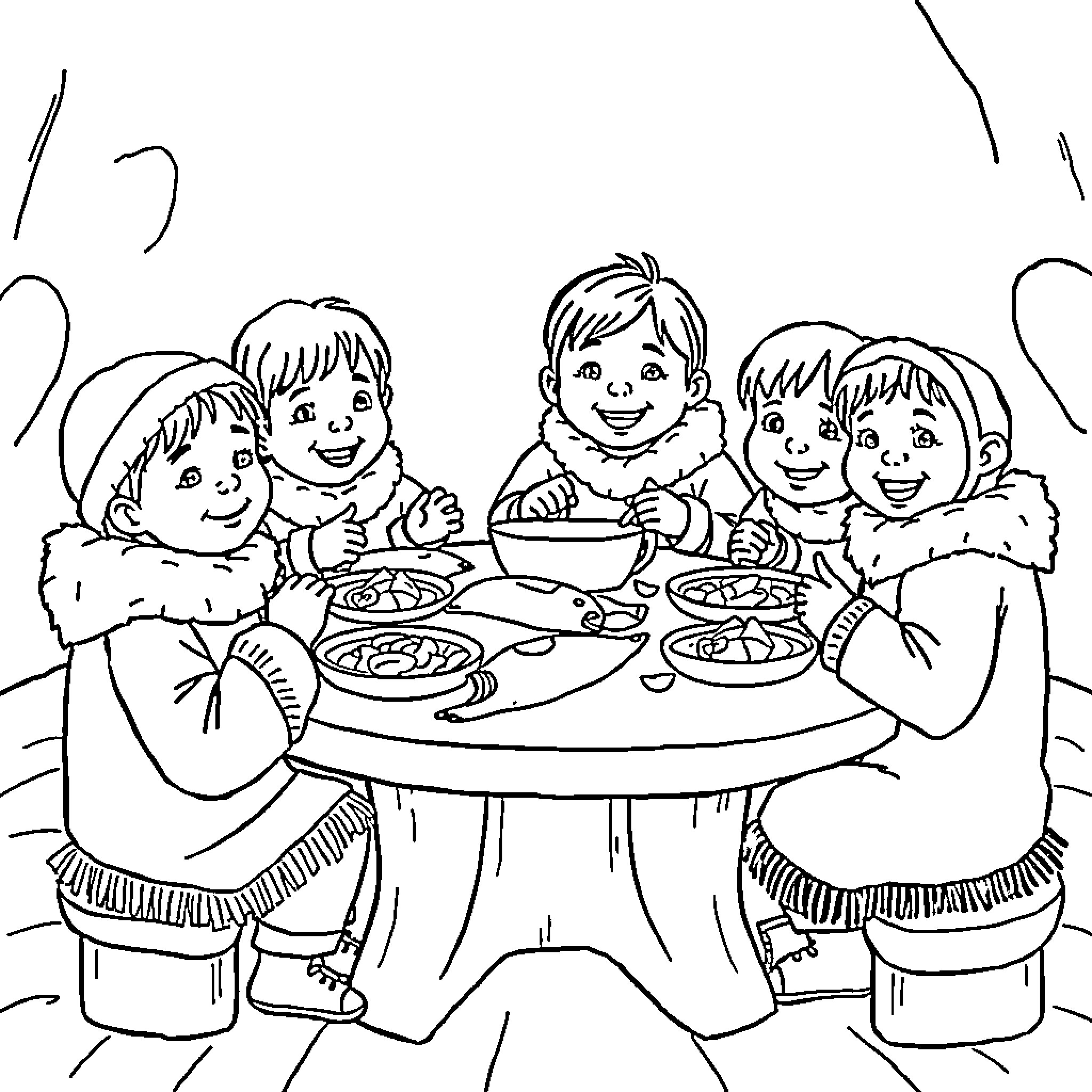 Child enjoying a cozy meal together with friends Coloring Page (free black-and-white line drawing printable PDF for all, from beginners to advanced learners, including children, teens, adults, and seniors)