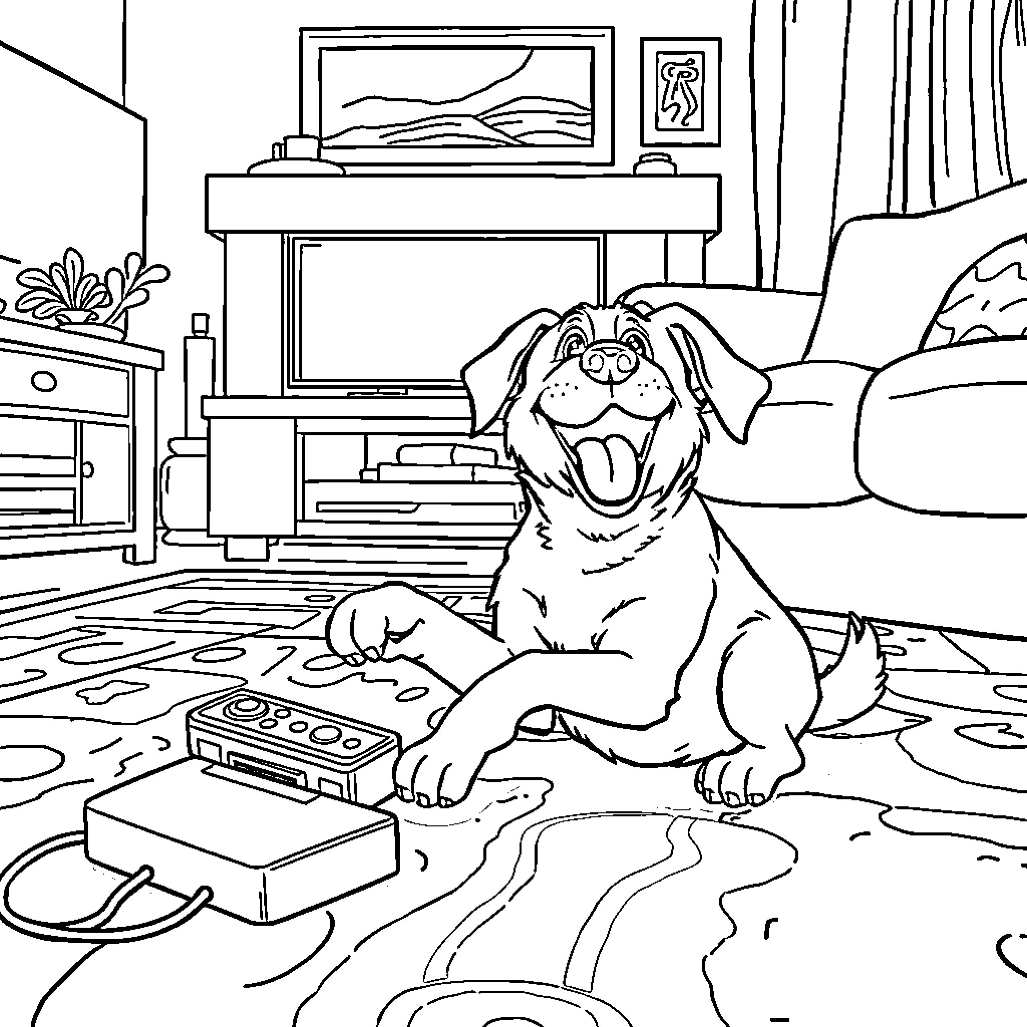 Dog playing with toys in the living room Coloring Page (free black-and-white line drawing printable PDF for all, from beginners to advanced learners, including children, teens, adults, and seniors)