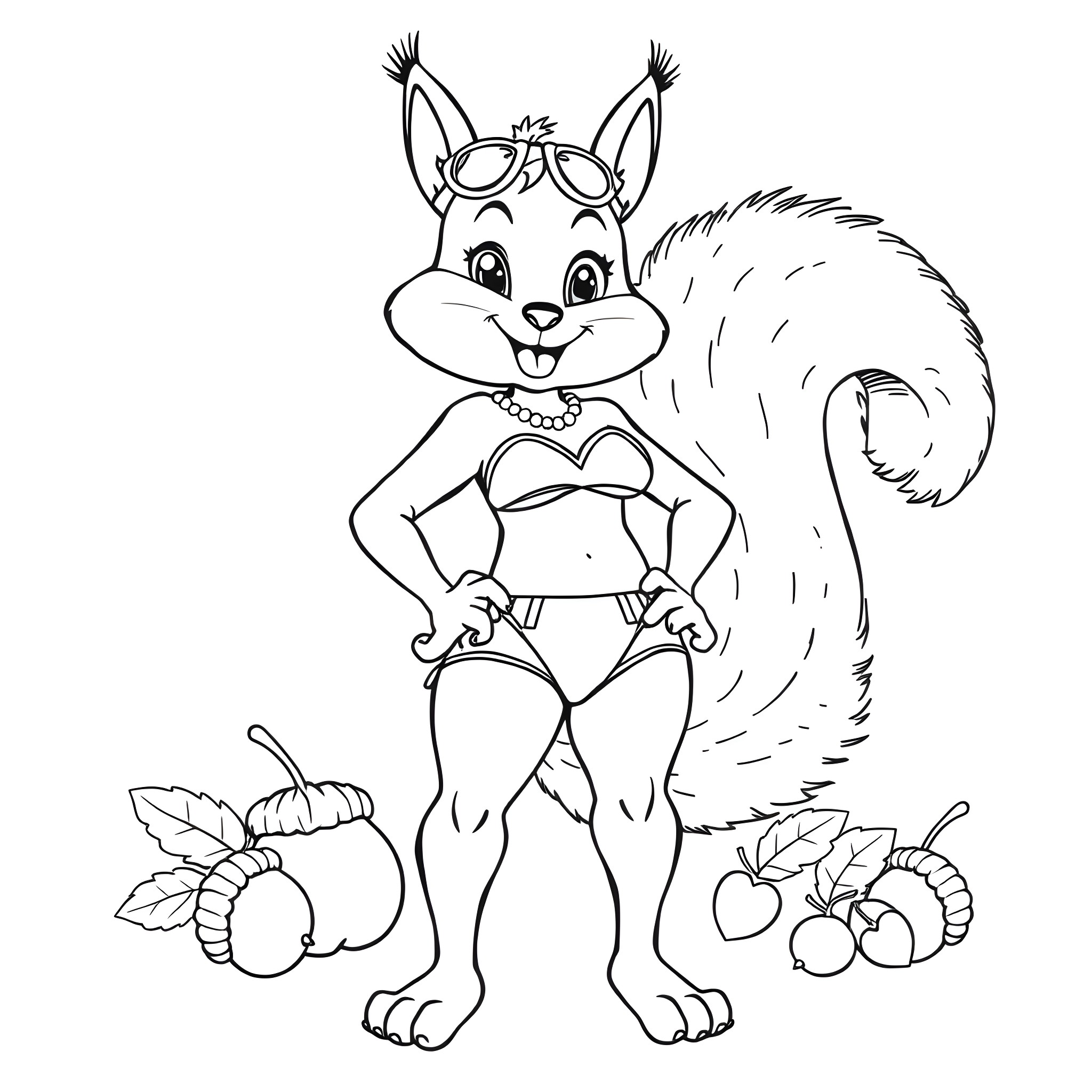 Squirrel Girl in Funny Outfit and Accessories Coloring Page (free black-and-white line drawing printable PDF for all, from beginners to advanced learners, including children, teens, adults, and seniors)
