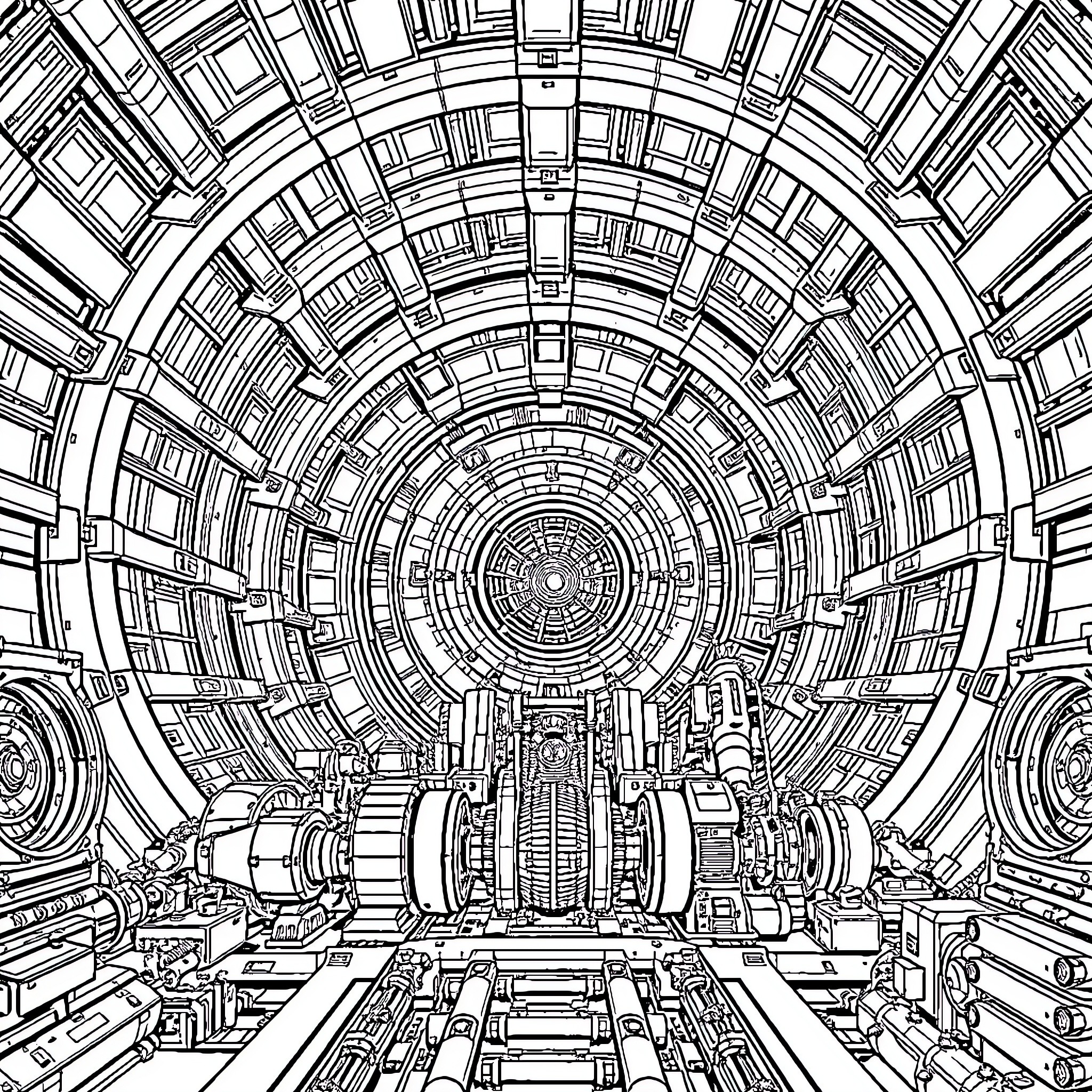 Hadron Collider Tunnel Mechanics Coloring Page (free black-and-white line drawing printable PDF for all, from beginners to advanced learners, including children, teens, adults, and seniors)