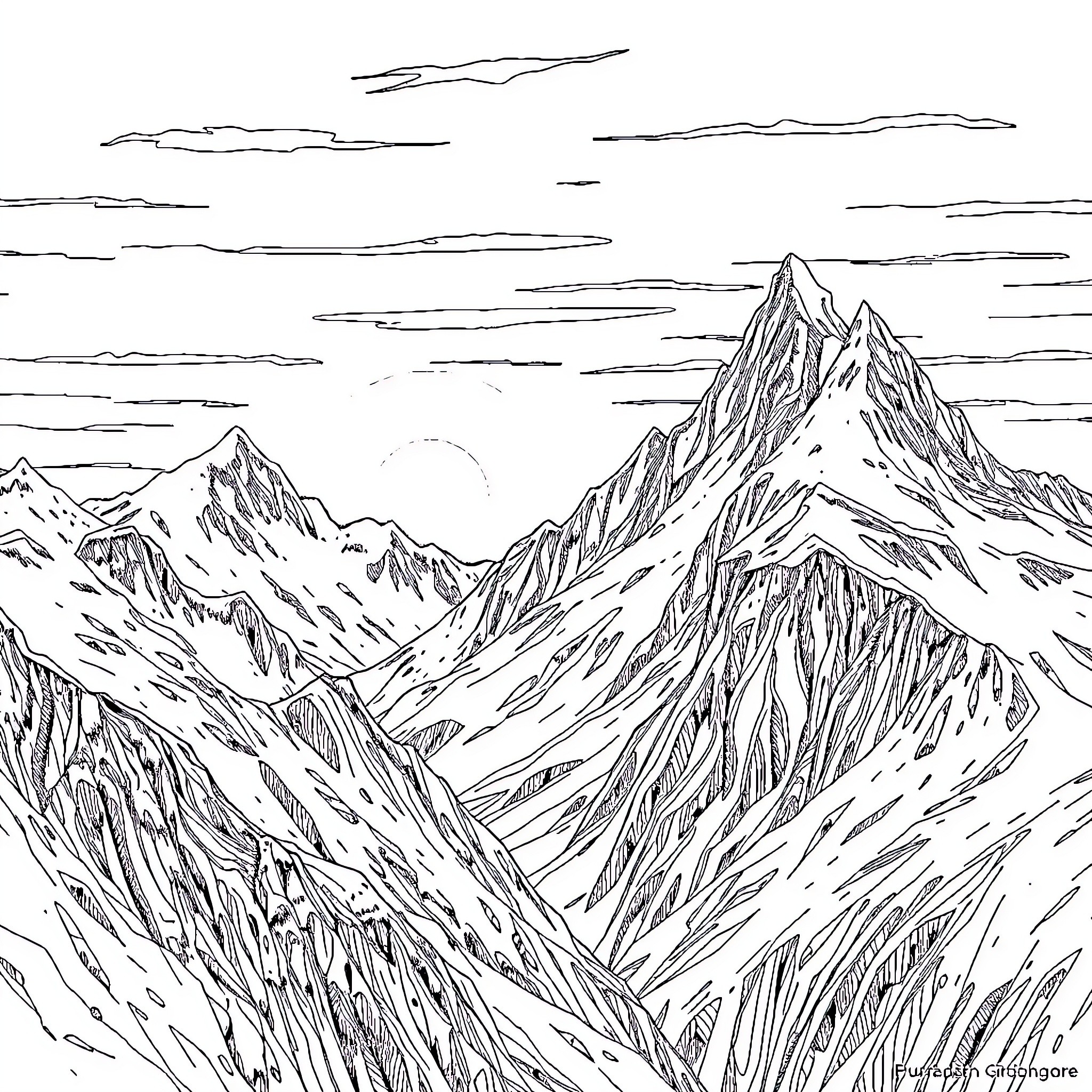 Sunset over majestic mountain landscape Coloring Page (free black-and-white line drawing printable PDF for all, from beginners to advanced learners, including children, teens, adults, and seniors)